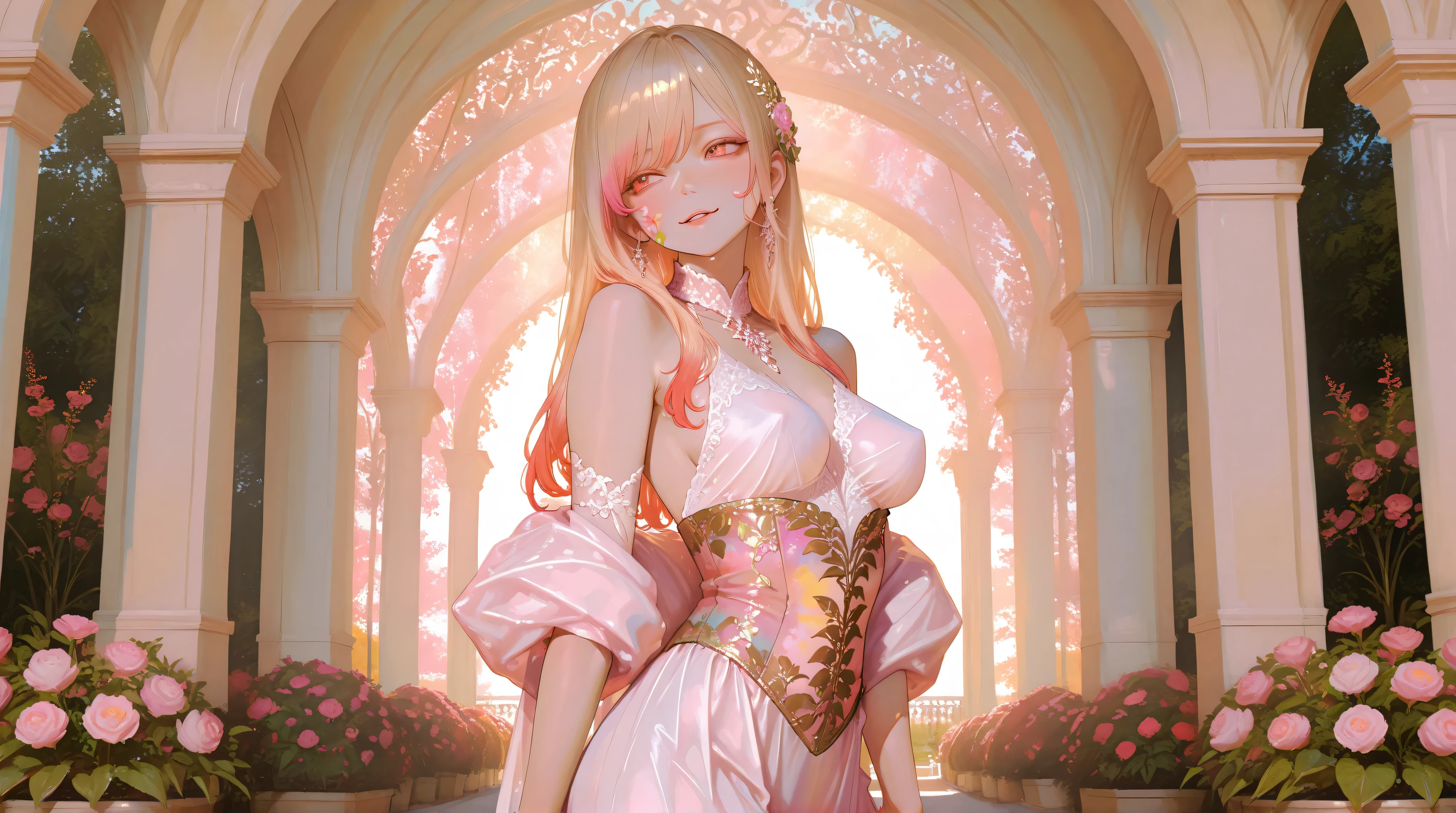 a woman, breastsa woman with large, perky breasts,intricate facial features,alluring expression,sensual pose,high fashion outfit,standing in elegant garden,soft natural lighting,photorealistic,masterpiece,8K,high resolution,physically-based rendering,vivid colors,warm color palette