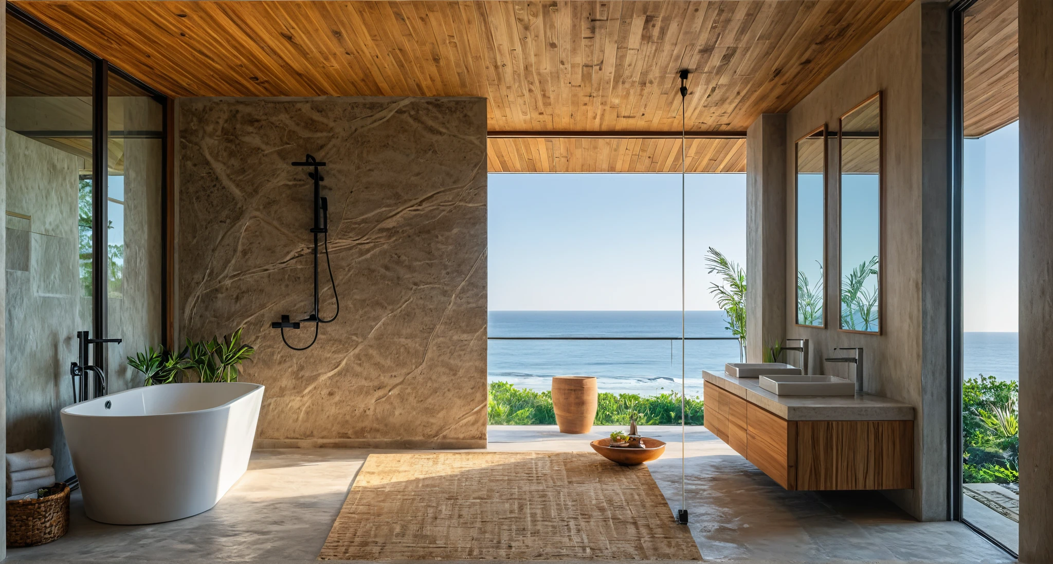 Resort style bathroom, with natural rustic materials, wood, concrete floor, earthen walls, wooden ceiling, outside view is the sea
,Warm interior space,natural wood materials, comfortable environment, cozy atmosphere, Warm interior, comfortable and calm,
