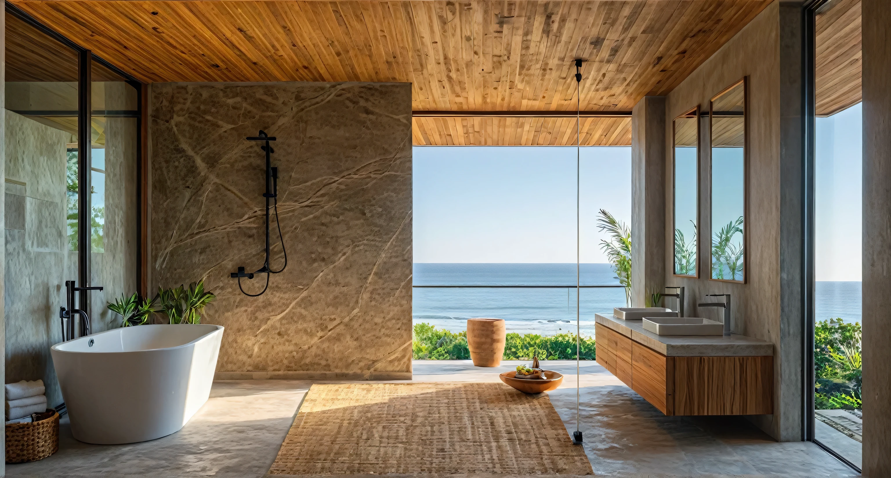 Resort style bathroom, with natural rustic materials, wood, concrete floor, earthen walls, wooden ceiling, outside view is the sea
,Warm interior space,natural wood materials, comfortable environment, cozy atmosphere, Warm interior, comfortable and calm,