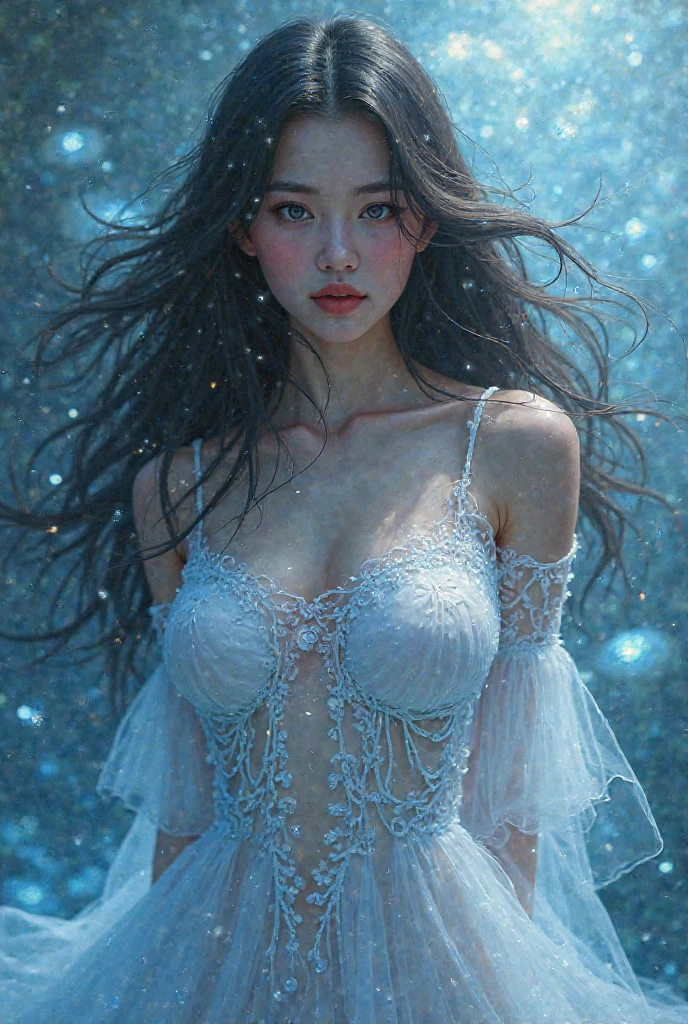 (RAW shooting, 32k:1.5, highest quality, masterpiece, Ultra-high resolution), (darkness:0.7, Dramatic moonlight:0.9, reflection:0.9, 光とdarknessの世界:1.2, Expressions of sadness:1.0), Side Shot, Fractal Art:1.3, Perfect dynamic composition:1.3, Very detailedな肌と顔の質感:1.3, Dynamic flow of water waves:1.2, Dynamic wind flow:1.2, The subject is observed from a distance, elegant and sophisticated:0.9, Fair skin, Incredibly slim body:0.9, Very beautiful face, Water droplets on the skin, (Yoga Wear:1.3, Zazen meditation pose:1.3), Very accurate, Very detailed, Big eyes that exude beauty, Beautiful Lips, Unreal atmosphere, Unreal world, Earrings, bracelet