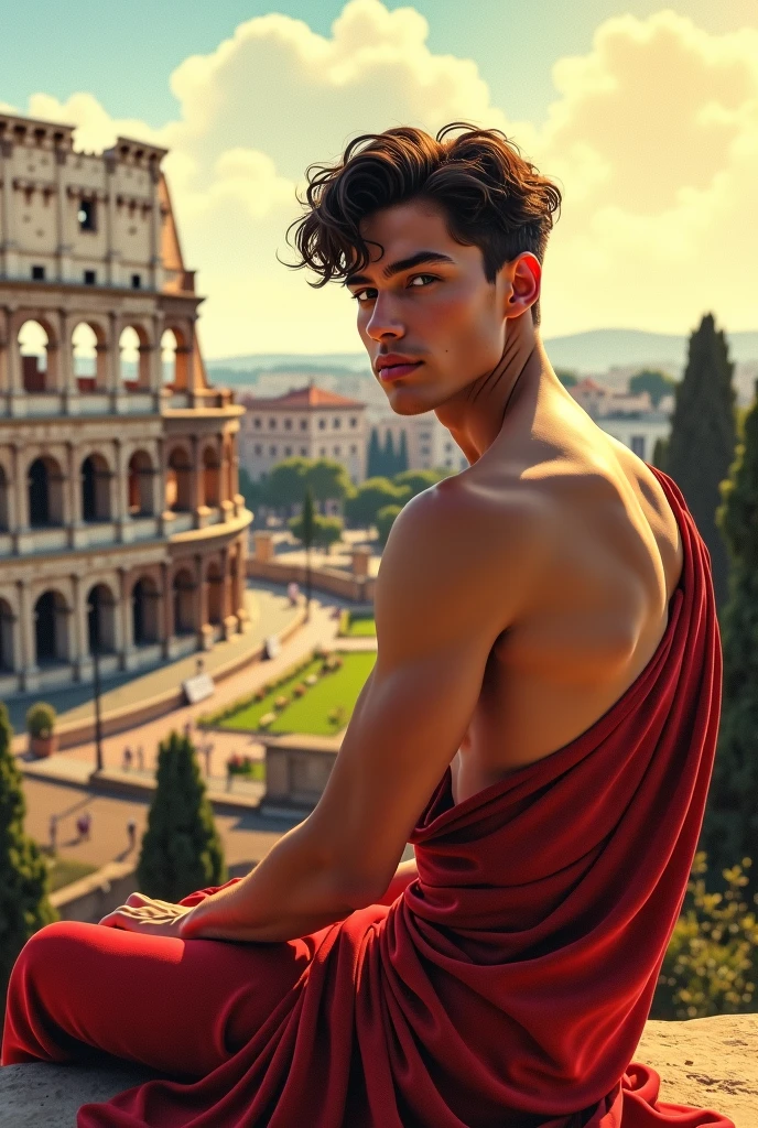 pintura_oleo+artstation front view a young man slender_athletic_realisim_body, italian boy he is standing in the middde of a bridge. Characteristics: Strong men, wearing loincloth, Background: river, bridge, left dark side river, right light side, Style: Venetian Renaissance, vibrant colours and intense light. Painters: Tintoretto. Palette: Warm tones, reds, golds and blues., he is standing in the middel of the bridge, stressed gaze