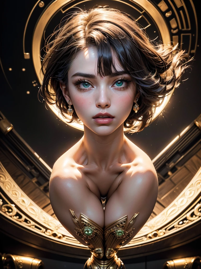masterpiece, ethereal beauty, ethereal, steampunk, ultra realistic, Like a Yael Shelbia, 3d, 3d rendering, porcelain, Best quality, human anatomy, real hair, short hair, asymmetrical cut hair, moving hair, huge breasts, human anatomy, posing for photo, translucent, (ethereal, dreamlike), formidable, 8k wallpaper --auto --s2