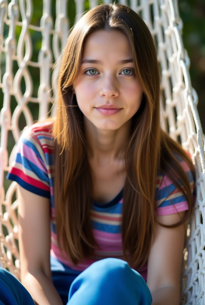 A young woman with long, straight brown hair and fair skin is sitting ...