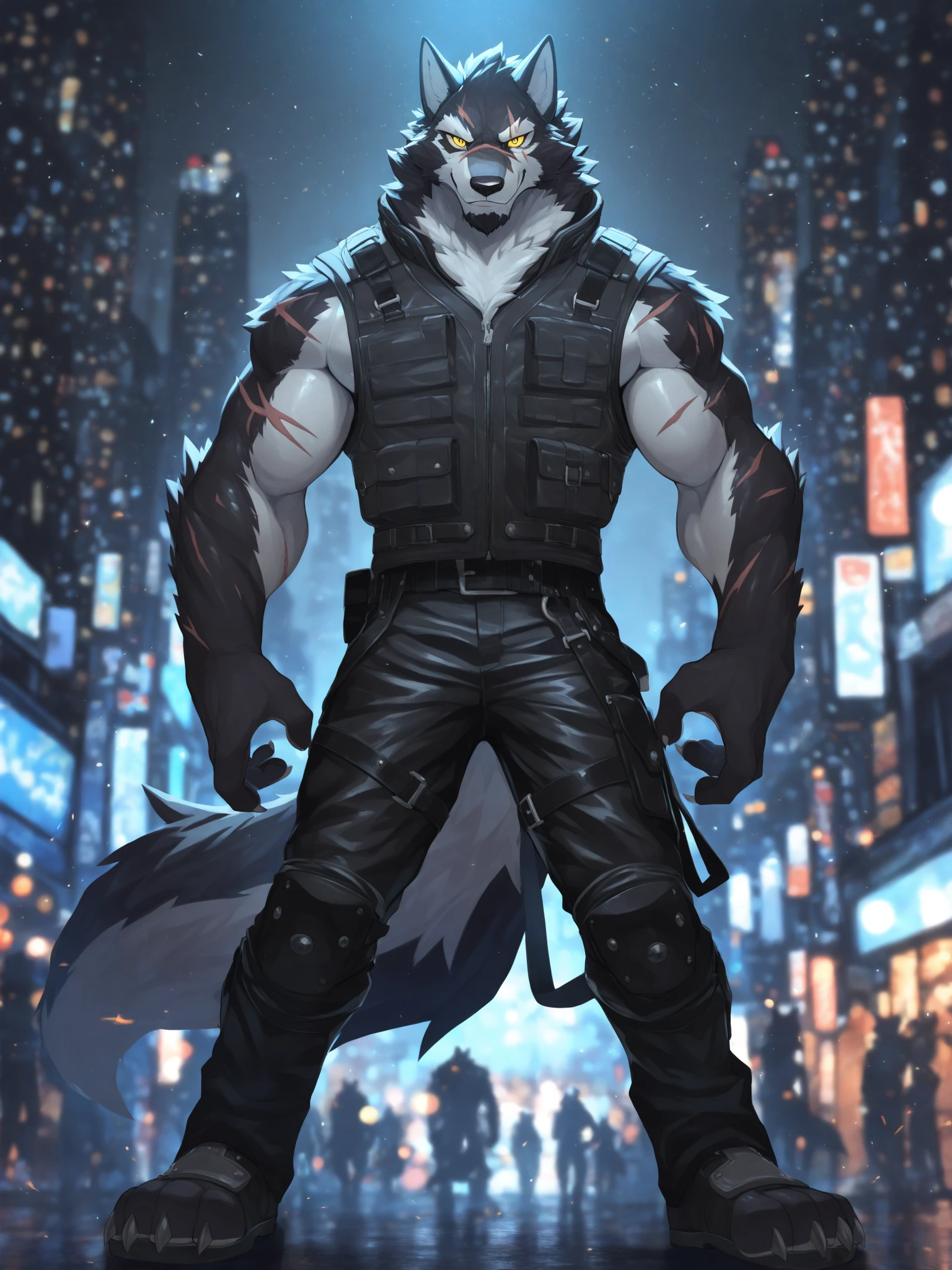 freddy, wolf, anthro body, wolf, (very muscular, heavyweight, strong chest:1.3), male, masculine, 4k, high resolution, correct anatomy, (city background), (night:1.2), half body, (by taran fiddler, by rukis:1.0), correct lighting, correct shadows, detailed, detailed fur, realistic shading, bare torso, jeans, leather fingerless gloves, sunglasses, black collar, walking towards camera