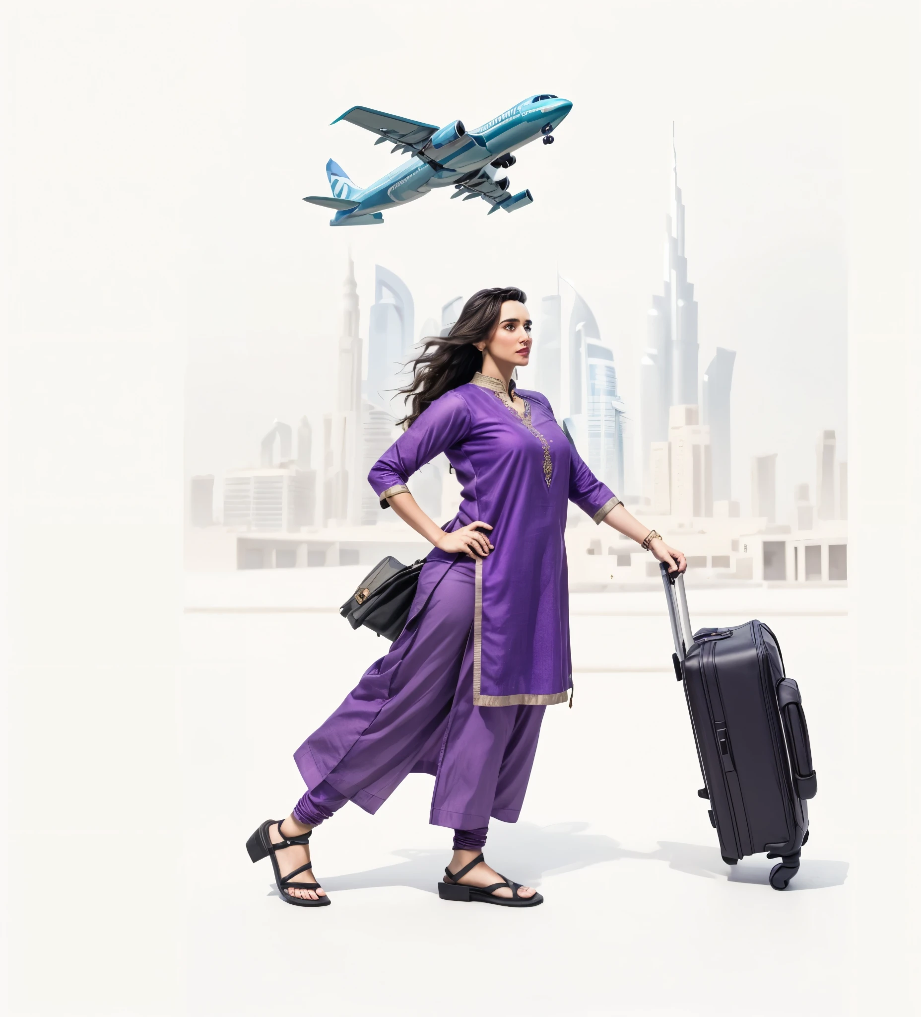 A Young Girl in Purple Shalwar Kameez Handling a Travel Briefcase Looking Confident towards her Journey, One hand on waist, One hand on Briefcase, Her Hair Blowing in the WIND, A bit Chubby BODY, PEAR Shape Body, Lookalike of JENNIFER CONNELLY Background showing Dubai Scenery and Landmarks in Diorama Style, Epic, Pin-Art Style, Illustration, Indian Beauty, 4k, HD, ArtWork