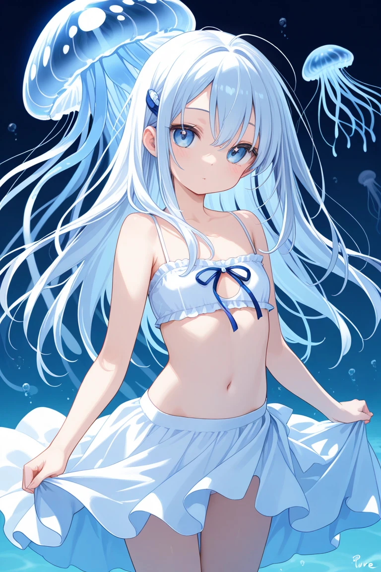 Masterpiece、Highest quality、highest quality、Masseter muscle area,Best image quality、highest quality、wallpaper、32k、Little Face Girl、((Embarrassing:1.3))、(Watery eye:1.5)、(((Cute Underwear)))、Lie on your back in bed、Forced to spread legs、Awards, Anatomically correct((((Transparency))))、Shiny hair quality、Small face、Dynamic pose、Shyness、blush、Super detailed, beautiful, wide eyes、Ultra-detailed, clear and beautiful faces、(cute illustration:1.2), High-resolution, ultra-detailed, best quality, embarrassed、Thighs, Awards, Anatomically correct