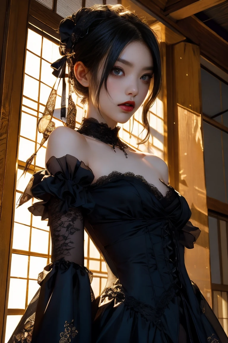 raw photo, 8k, (top-quality), Realistic, (real picture, Intricate details), (natural skin texture, detailed skin, hyper realism, sharpness), (((flat chest:1.5))), (pale skin:1.5), (((black corset, gothic decorative corset))), (Japanese age girl standing in luxury hotel at night, Suite Room), ((straight hair, blunt bangs)), (provocative look, Parted lips:1.3, eye shadow, eyeliner, tear bag:1.3, red lips), thighs, night time, chandelier, big window, night view, spot lighting:1.3
