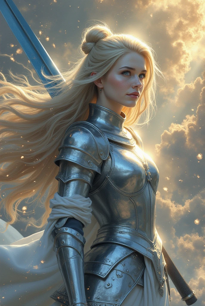 1lady、Realistic anime CG、A beautiful female knight wearing silver armor ...