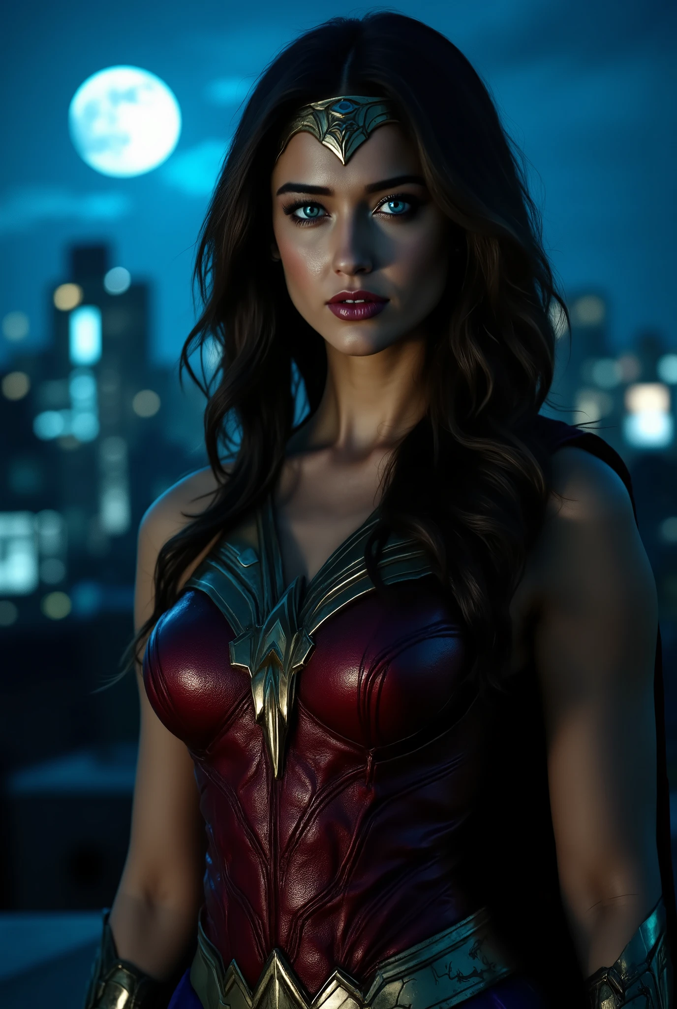 Ill3@na, highest res, raw photo
Masterpiece, best quality, high resolution, ultra detailed, Illeana D'Cruz dressed as wonder woman of DC comics, light blue eyes, A beautiful girl looking at the camera, (((standing in action pose.))) on a roof of a big city at night, full moon

