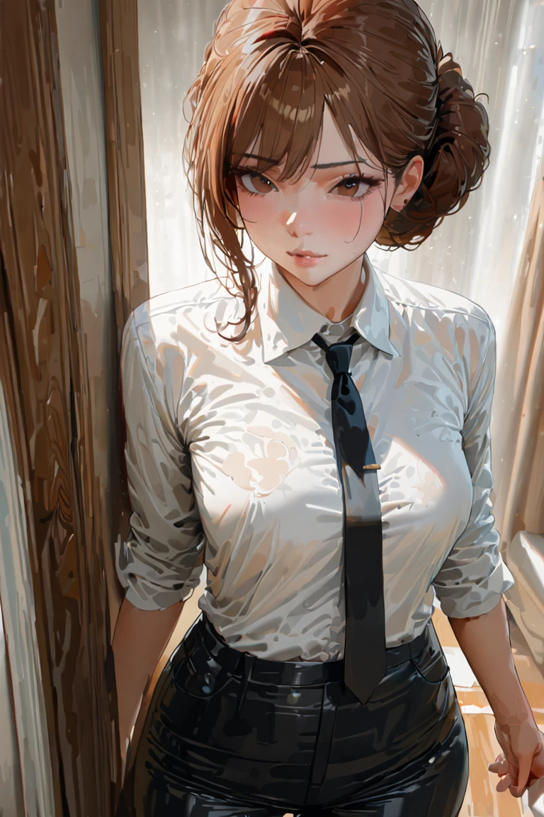 Detailed shiny skin, (realistic, photorealistic: 1.4), a beautiful girl, standing, looking out the window, white shirt, large breasts, collared shirt, black tie, black pants, long sleeves, slight smile (blush nose), yellow eyes + round eyes, short hair + red hair + long braided hair, makima \(chainsaw man\)