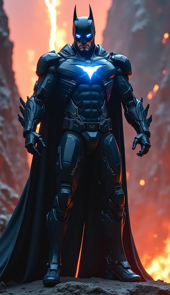 Masterpiece, best quality, NVIDIA RTX, sharp picture, ultra details, cinematic lightning, hi-tech futuristic batman:1.3, perfect face details, proportional body, facial hair, luminous eyes:1.3, perfect mouth:1.3, neon luminous cybernetic-armor:1.3, black gold cybernetic-armor:1.3, perfect cape, cape blown by strong winds:1.3, symmetrical pose, full body, epic lights reflections, night, dark alley, fogs