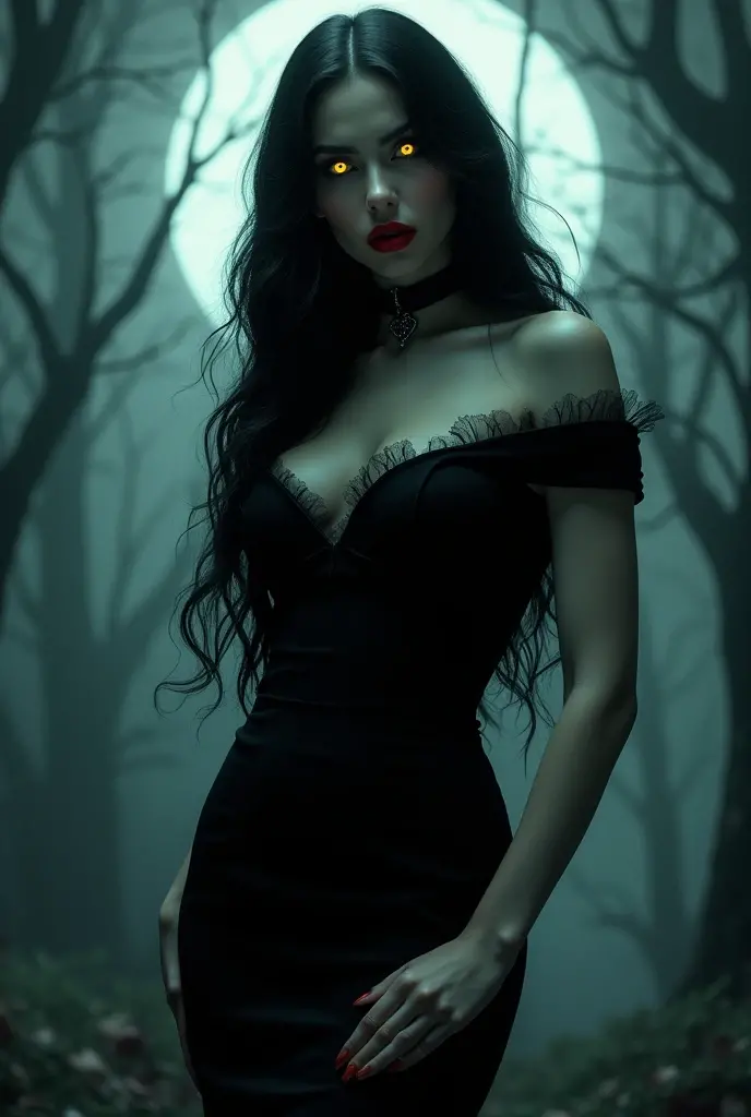 dark lady! beautiful woman in black clothes! {{big boobies}} very big boobs, yellow eyes, Bblack hair, red lipgloss stick!