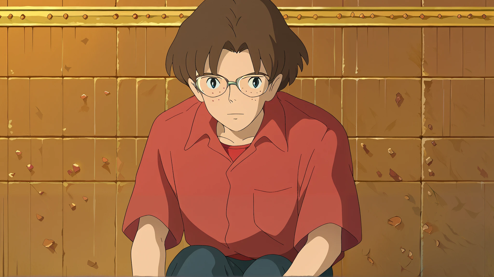 ghibli_style, score_9, score_8_up, score_7_up, score_6_up, source_anime, 1boy, defkensuke glasses, white collared shirt, brown hair, short sleeves, red undershirt, pants,freckles