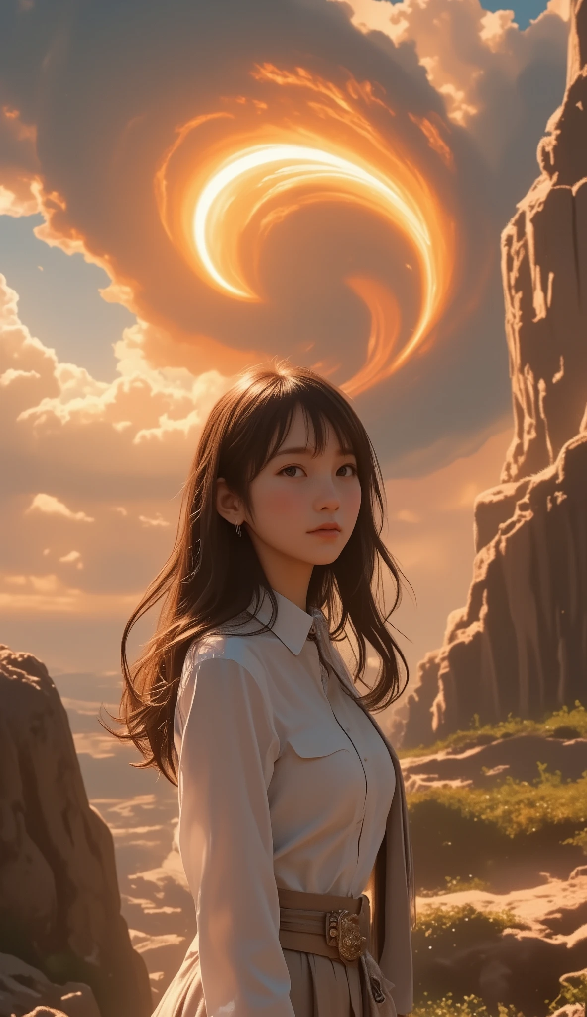1 girl standing on the surface of the sun. I'm watching a huge solar tornado. focuses on solar tornadoes . a close-up of a solar tornado . polar vortex . on the ground , there is a solar flare , Solar Picures , Prominence of the Sun , solar plage ,solar corona, dark filaments , dark filaments , Stratum , solar transition region .,