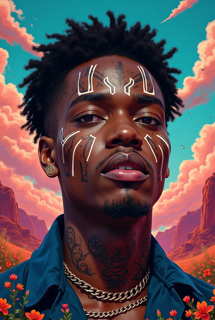 Portrait painting of a young white indigenous man with a bone in his nose.Cheveux court avec des locks portant un bandeau de peinture sur les yeux .Tribal face tattoo. Avec un collier de dent de requin autour du coup. Bare chested in the jungle in a ripped beige sleeveless cotton jacket. Holding a flower in mouth very colorful tropical