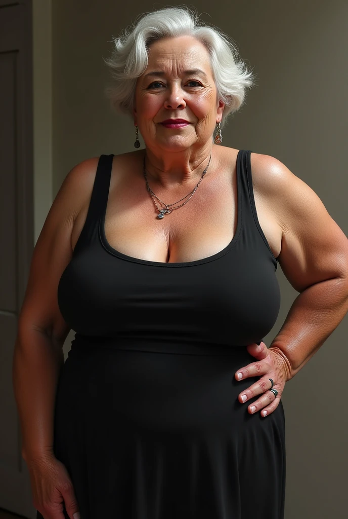 Older fatty women in hot dress in room full body in black dress