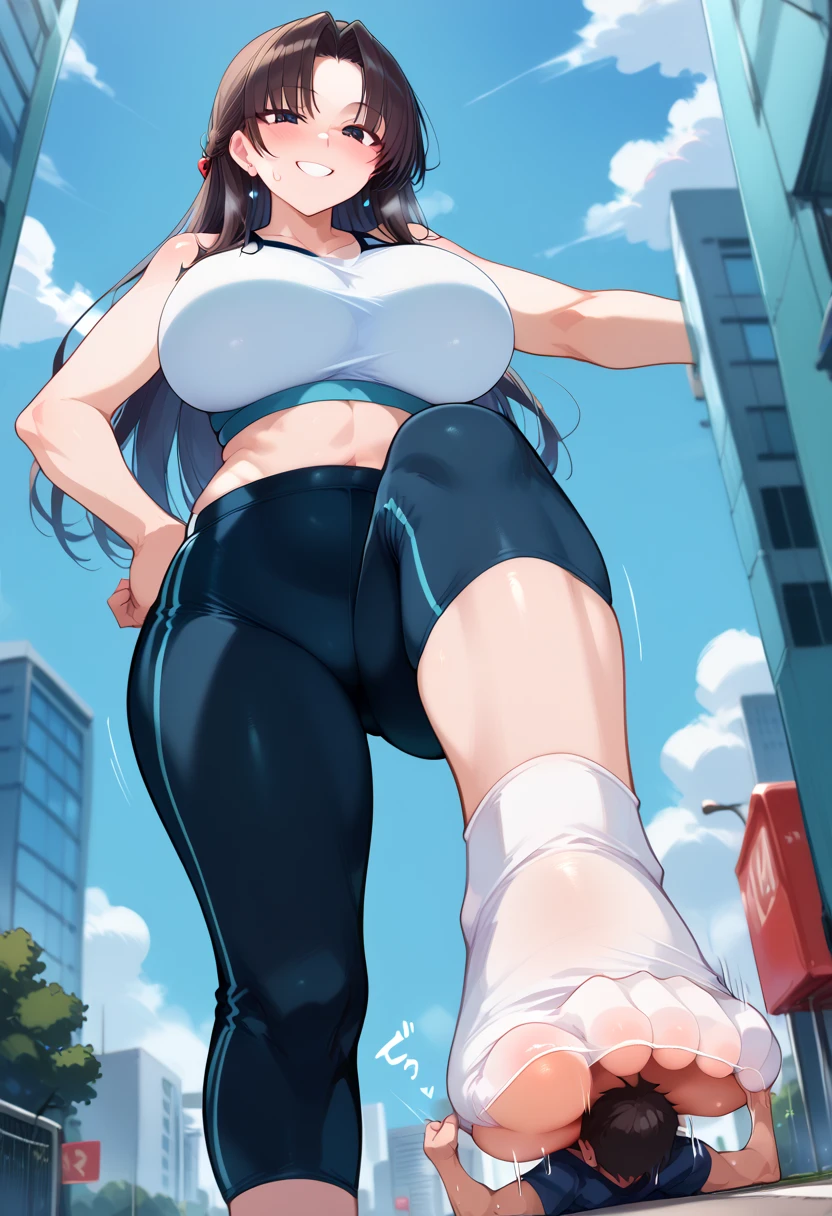 Masterpiece, Best quality, 4k resolution, sunny day, city, blue skies, beautiful eyes, full body, Tron Bonne, Earrings, Headband, Brown Hair, Green Eyes, light Skin,