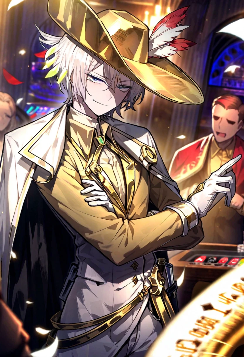 1male,,skinny, white hair , gloves , (project moon\) , white and gold gloves , blue eyes , , white cape , shirt , hat , white and gold shirt , plume , short hair ,smug expression , collared shirt , solo focus , long sleeves , cape , indoors, casino, closed mouth , white and gold headwear , coat , multiple others , open mouth , smirking, rapier sword on waist, gold and white Rapier, weapon on waist, sword holstered on waist