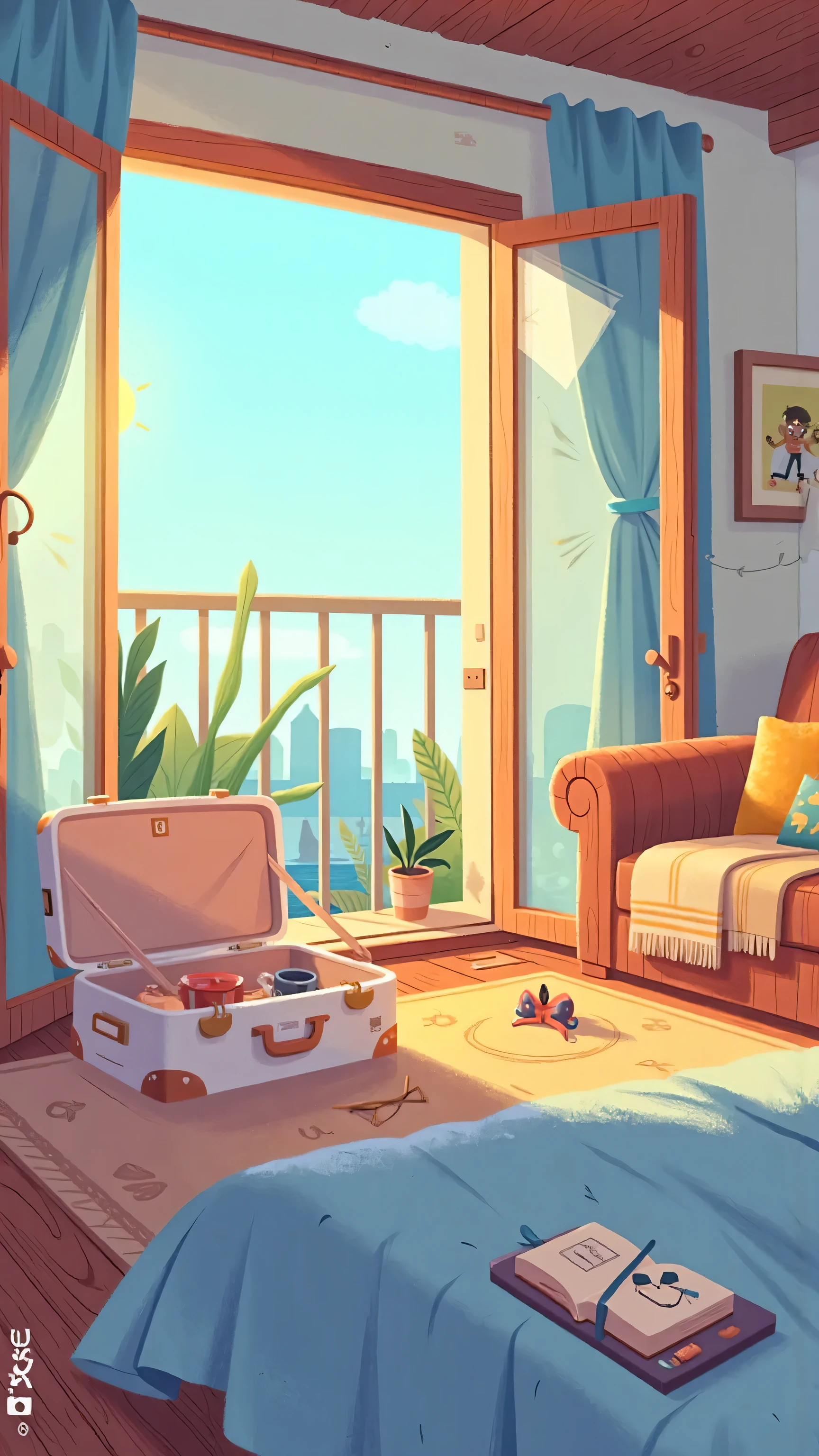 view from inside,A cozy sunny bedroom in summer,The room has soft colors,An open balcony window,Revealing the bright blue sky and city,There is a white coffee colored suitcase on the beige carpet(The suitcase is open,It's empty inside;Beige blanket placed on wooden floor),suggests getting ready for the trip,Light curtains fluttering in the breeze,The sun gently fills the room,There is a picture frame hanging on the wall,The coffee sofa is covered with colorful clothes,and a peaceful holiday atmosphere,Art style is clean、dream、warmth, illustration style ,webcartoon art style,Gives a sense of serenity and comfort
