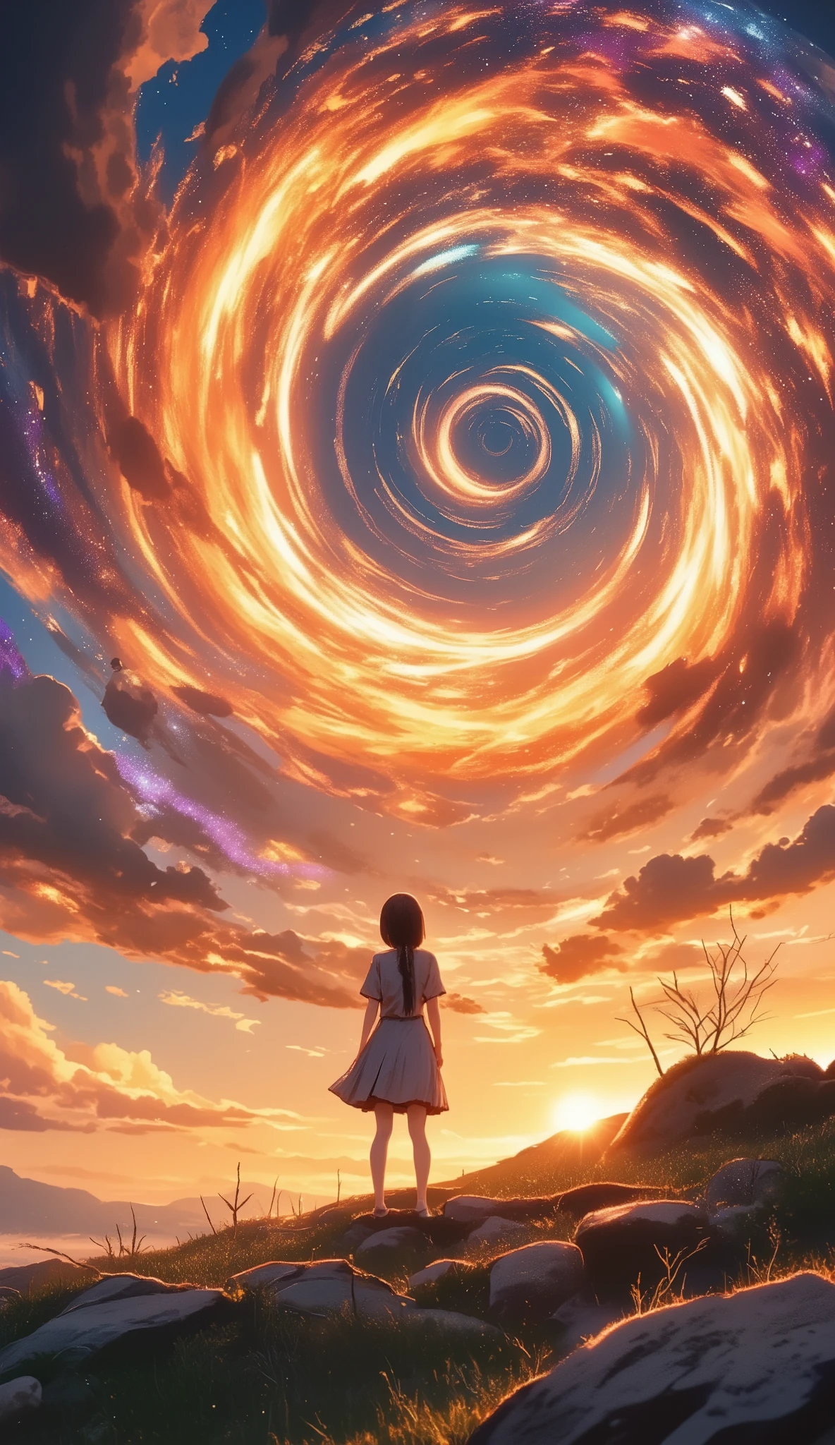 1 girl standing on the surface of the sun. I'm watching a huge solar tornado. focuses on solar tornadoes . a close-up of a solar tornado . polar vortex . on the ground , there is a solar flare , Solar Picures , Prominence of the Sun , solar plage ,solar corona, dark filaments , dark filaments , Stratum , solar transition region .,