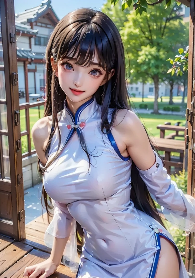 Mona from Genshin Impact, 18 years old girl, (Raw photo, Best Quality), (Realistic, Photorealsitic:1.3), masterpiece, Extremely delicate and beautiful, Soft light, (beautiful black twintail hair, Shoulder-length straight hair swaying in the wind), Beautiful detailed girl, (Detailed fingers), extremely detailed eye and face, beautiful detailed nose, Beautiful detailed eyes, 1 girl, Japanese, Neat and clean beauty, Cute, young, (big breasts), Realistic face, Realistic body, cute smile