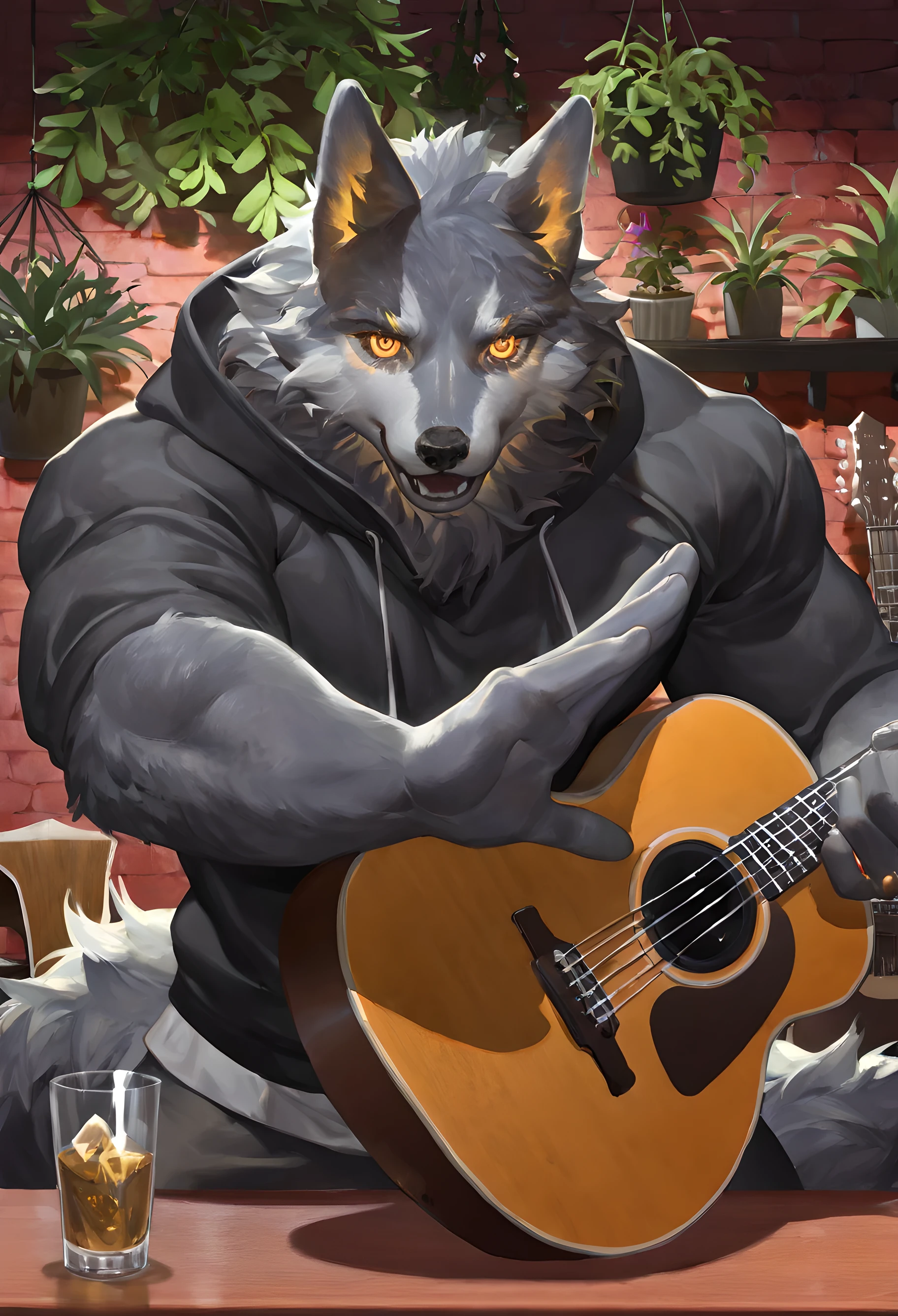 //Artist style

(ciloranko:0.3), suzumi \(ccroquette\), (ask \(askzy\):0.6), null_ghost, (milkytiger1145:0.5),

//Quality

very awa, masterpiece, best quality, year 2024, newest, highres, absurdres, ultra detailed, sharp focus, 8k uhd, high quality,

//Composition

solo, single person, solo focus, atmospheric lighting, 3/4 view, mid shot,

//Gender/Sex character

adult, male, muscular, strong build, muscular male, tall male,

(broad shoulders:1.2), (defined muscles:1.2), (athletic build:1.2),

//Species/Features

furry, anthro furry, wolf, (deep grey fur:1.4), (dark grey fur:1.3),

(fluffy fur:1.4), (soft fur:1.3), (plush fur texture:1.3),

(detailed orange-yellow eyes:1.5), (amber eyes:1.4), (glowing eyes:1.3),

(ultra detailed eyes:1.5), (high definition eye texture:1.4), (crystal clear eyes:1.4),

(realistic eye texture:1.4), (eye reflection:1.3), (detailed iris:1.4),

(eye shine:1.3), (eye depth:1.3), (eye focus:1.3),

(eye highlights:1.3), (pupil detail:1.3), (cornea reflection:1.3),

(detailed fur texture:1.3), (fur sheen:1.3), (fur patterns:1.2),

(wolf ears:1.2), (pointed ears:1.2), (expressive ears:1.2),

(fluffy neck fur:1.3), (soft mane:1.2), (voluminous fur:1.3),

(puffy cheeks:1.2), (fluffy tail:1.3), (bushy tail:1.2),

//Hand details

(detailed hands:1.4), (realistic hand anatomy:1.3), (defined knuckles:1.2),

(guitar playing hands:1.3), (finger positions on strings:1.2),

//Clothing/Accessories

(simple hoodie:1.3), (casual hoodie:1.2), (comfortable clothing:1.2),

(acoustic guitar:1.3), (detailed guitar:1.2), (musical instrument:1.2),

//Expression/Pose

(singing pose:1.3), (performing stance:1.3), (passionate expression:1.2),

(singing with emotion:1.3), (mid-song:1.2), (focused on performance:1.2),

//Scene/Background

vintage bar interior, retro pub atmosphere, stage lighting,

(red brick wall:1.3), (textured brick:1.2), (rustic wall:1.2),

(potted plants:1.2), (green foliage:1.2), (hanging plants:1.2),

bar counter, drink glasses, dim lighting,

