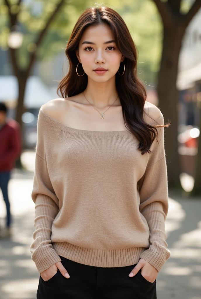 Kpop idol, photorealistic, detailed face, A stunning photograph of a fashionable lady walking down a sunny street in a bustling city, captured in a naturalistic style by photographers Sam Yang and Ross Tran. The scene is highly-detailed, with intricate textures on the lady's clothing and sharp focus on the surrounding buildings. The lighting is bright and optimistic, with the sunlight creating a warm glow and a sense of hope and positivity. <lora:TWbabe10:0.8>