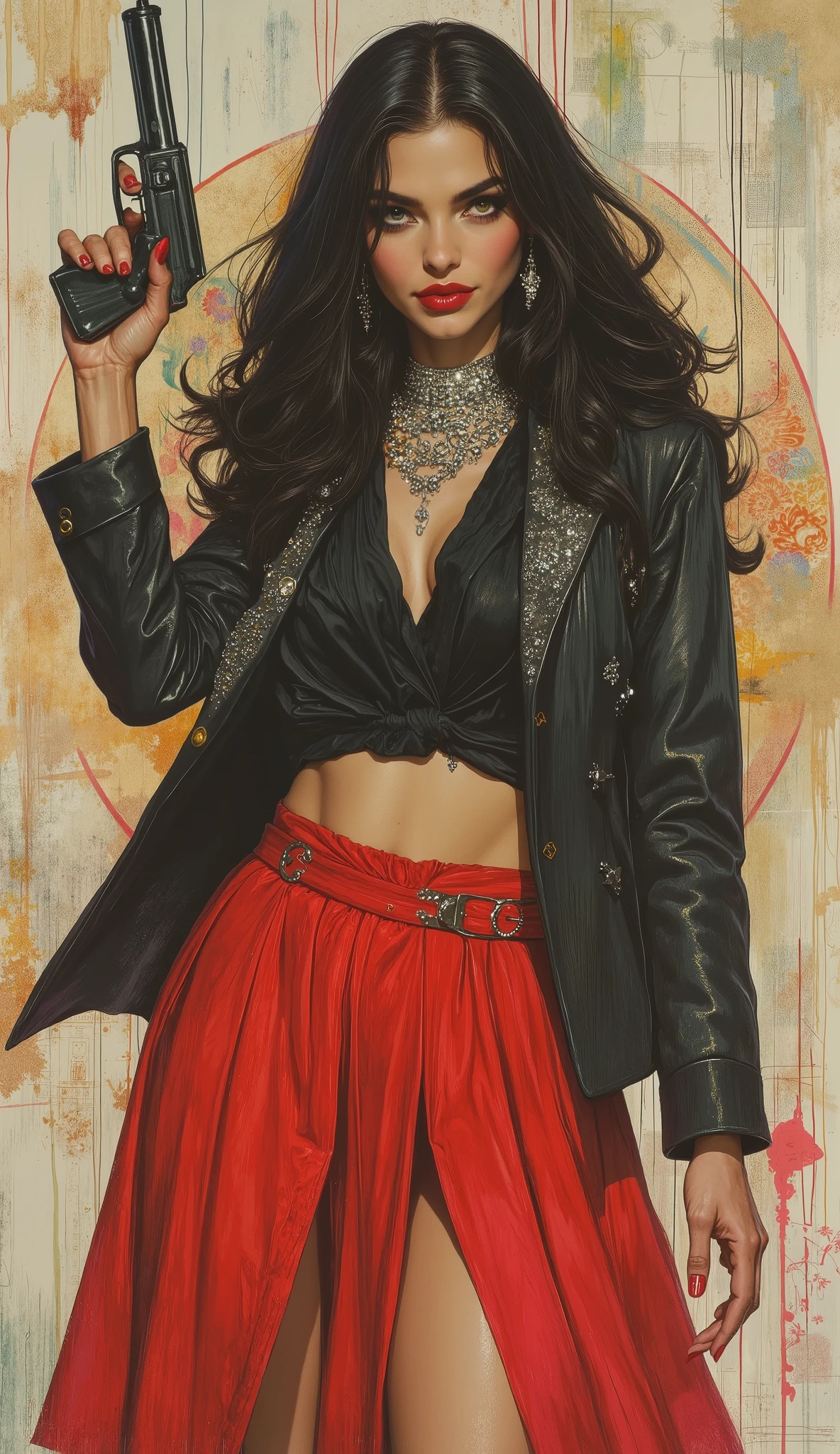 Full body with long legs, unique beauty, big happy smile, amazing diamonds filled ornate suit and white blouse loose fit and red skirt, action pointing a weapon, a true villain for James Bond, watercolor or oil painting poster pin-up 1980’s fashion style Drew Struzan movie poster style pinup poster, action movie ((James bond style)), style of smeglejj