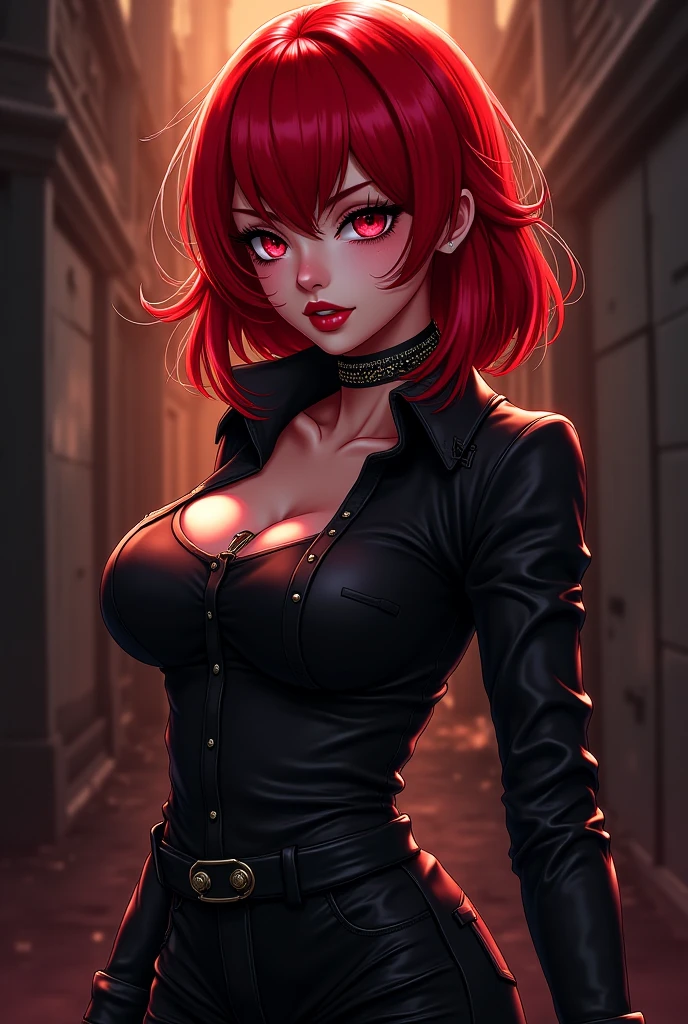 Emma Stone, masterpiece quality, lots of detail, realistic, in a cathedral, church pews in background, sexy pose, orange hair, short hair, wearing hairband, wearing choker collar, black lipstick, black eyeliner, wearing black crop top, wearing black miniskirt, wearing fishnet stockings, small breasts, thin body, lots of cleavage,
