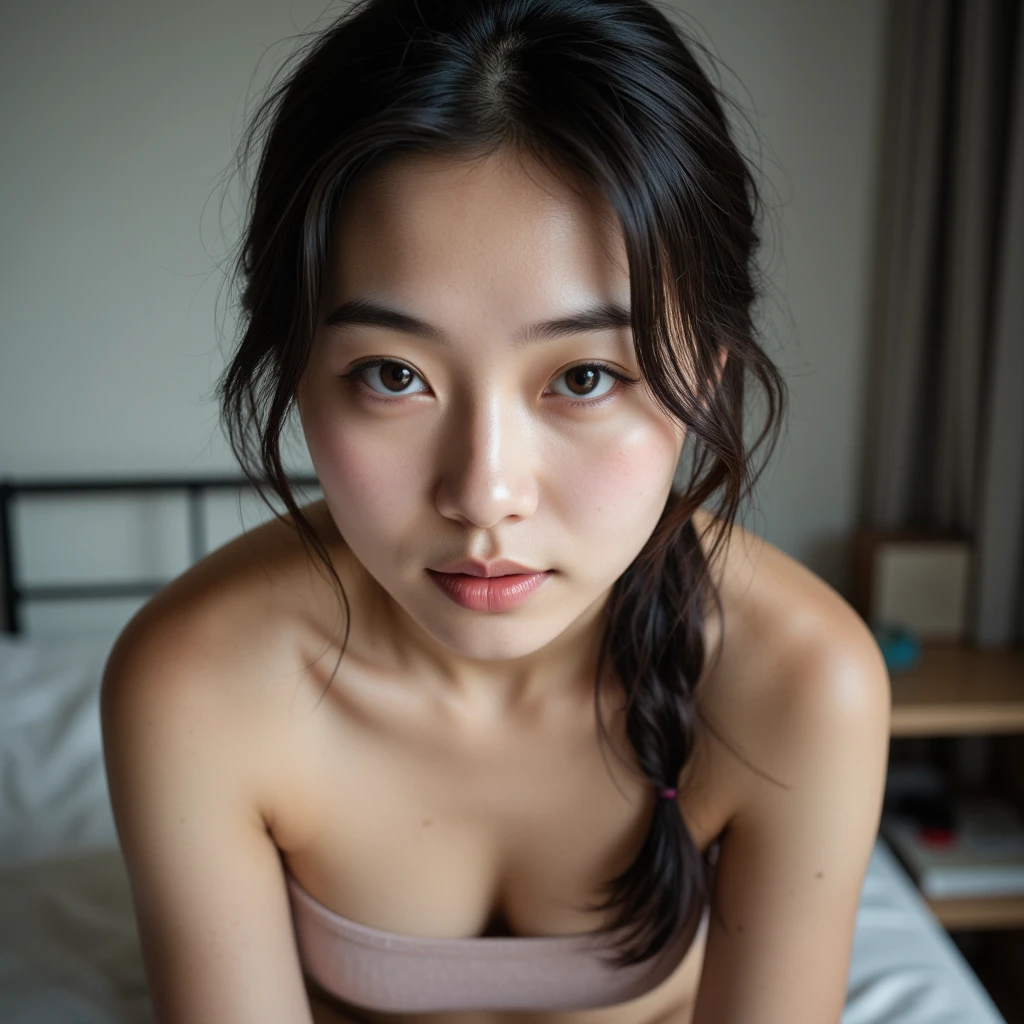 nsfw,Angle of view that allows you to see the whole body、 (masterpiece, Highest quality:1.2),((Photorealistic:1.1)),((alone:1.5)),((alone:1.5)), ((Perfect Anatomy:1.4)),((Young Woman)),((１One woman in her mid-s:1.5)),Long Black Hair,Perfect Eyes,((Giving a blowjob)),((Open your mouth wide)),((Stick your tongue out))、((Lie face up on the bed))、((Looking up)),(((Crying face)),Front lighting,((Small breasts:1.4)),((Shapely breasts)),((Don&#39;t cover your crotch:1.4)),((squat:1.3)),((Spread your legs wide:1.3)),Delicate and beautiful,((Detailed Hair))、((barefoot:1.4)),((Bare arms)),