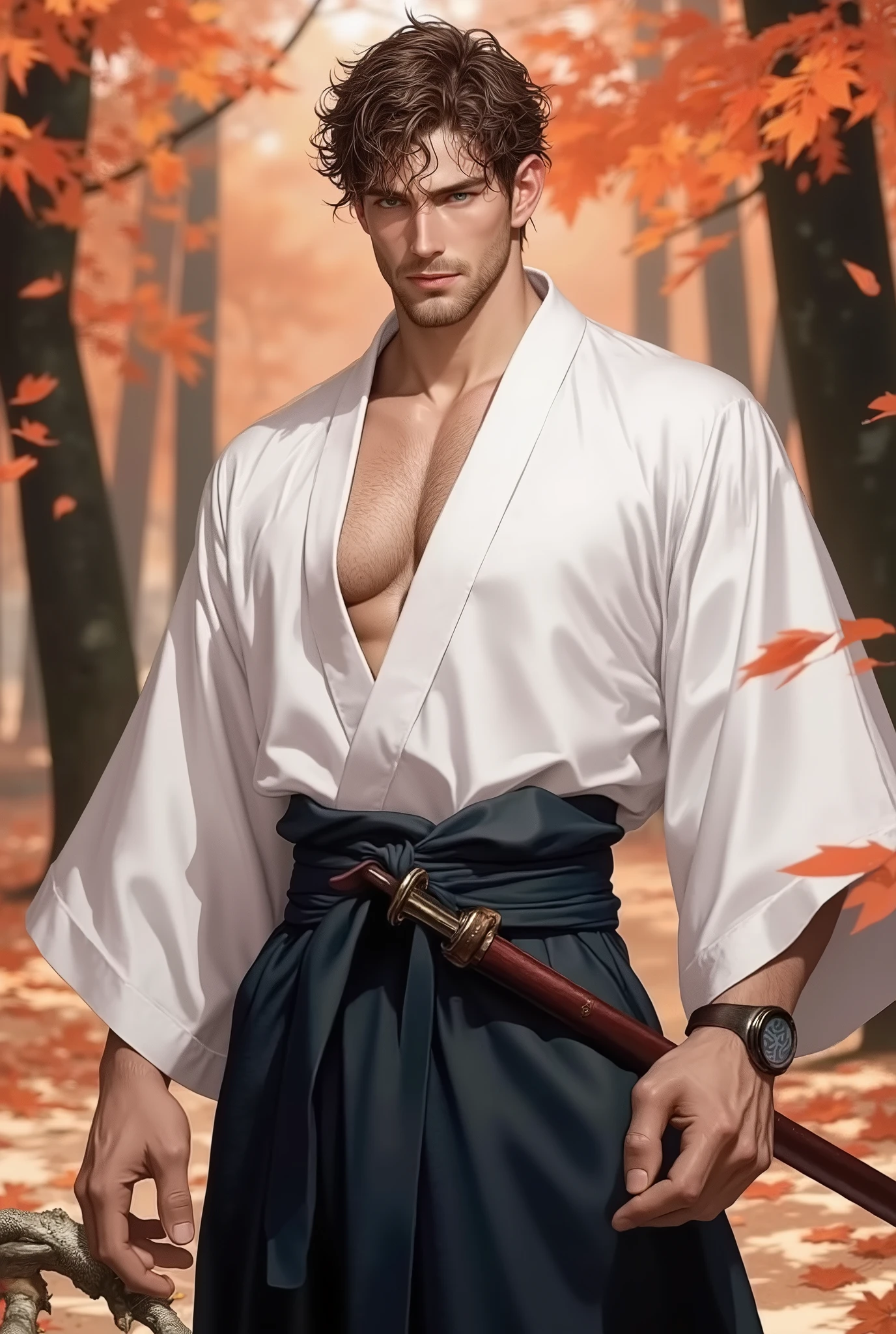 29 year old man who looks young, MEASUREMENTS 1 . 80 meters tall , Handsome Kendo (solid white kimono on top and a long high waisted navy blue maxi skirt (skirt, too) with obi:1.4), sweat, sparkling sweat, bob, (short very curly brown hair:1.2), emerald green eyes, Short brown beard, a red belt rope, a long wooden katana in his left hand, a beautiful forest in autumn with red, orange, and gold leaves floating in the air, white skin, shy smile, a big Japanese bow in his right hand, strong hairy chest, 8k quality.