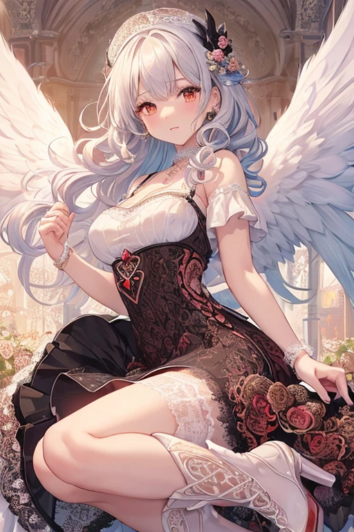 ((male)),(small breasts:1.2),((women's clothing)),(angle from below),June bride style outfit,clothes with lots of frills,(sitting cross-legged),close up of face,((high resolution)),smile,(lace pattern),(Flower background:1.3),(white and pink and blue and yellow and green and orange),(NSFW),((Vagina SEX)),(angel wings)