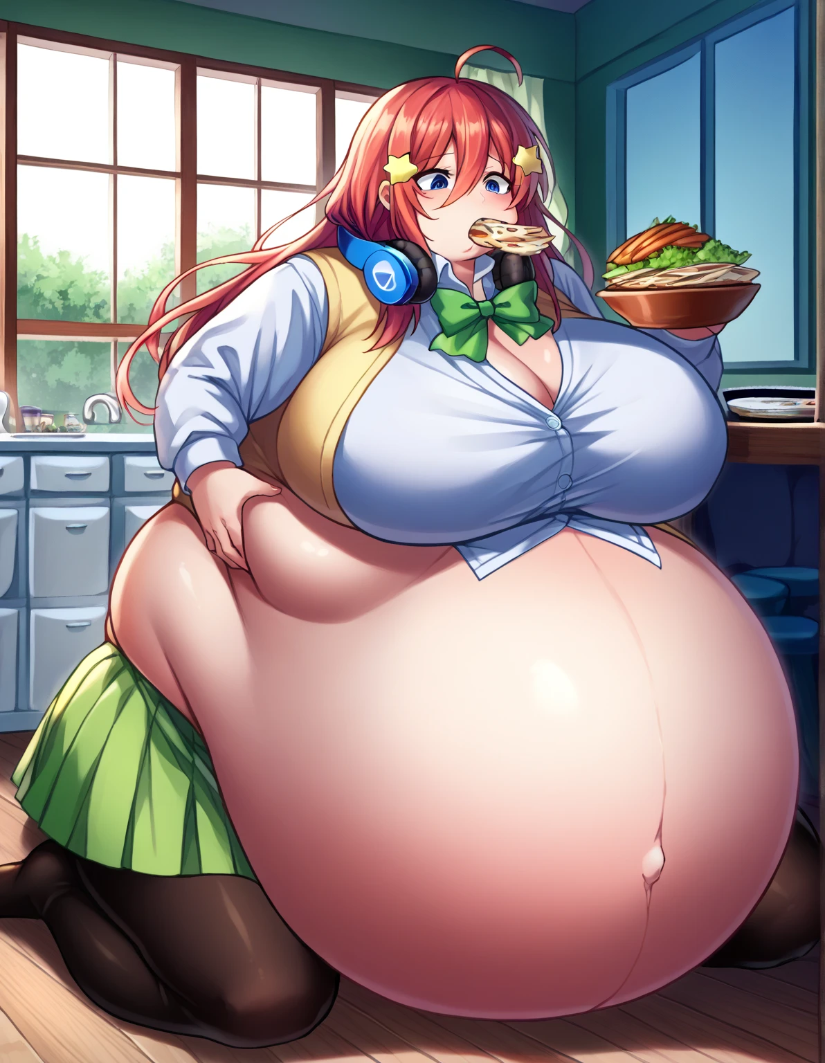 Highest quality、Ultra-high resolution、Fantasy、roleplaying game、Busty waitress、Inside the izakaya、freckles, massive belly, huge belly, enormous belly, giant belly