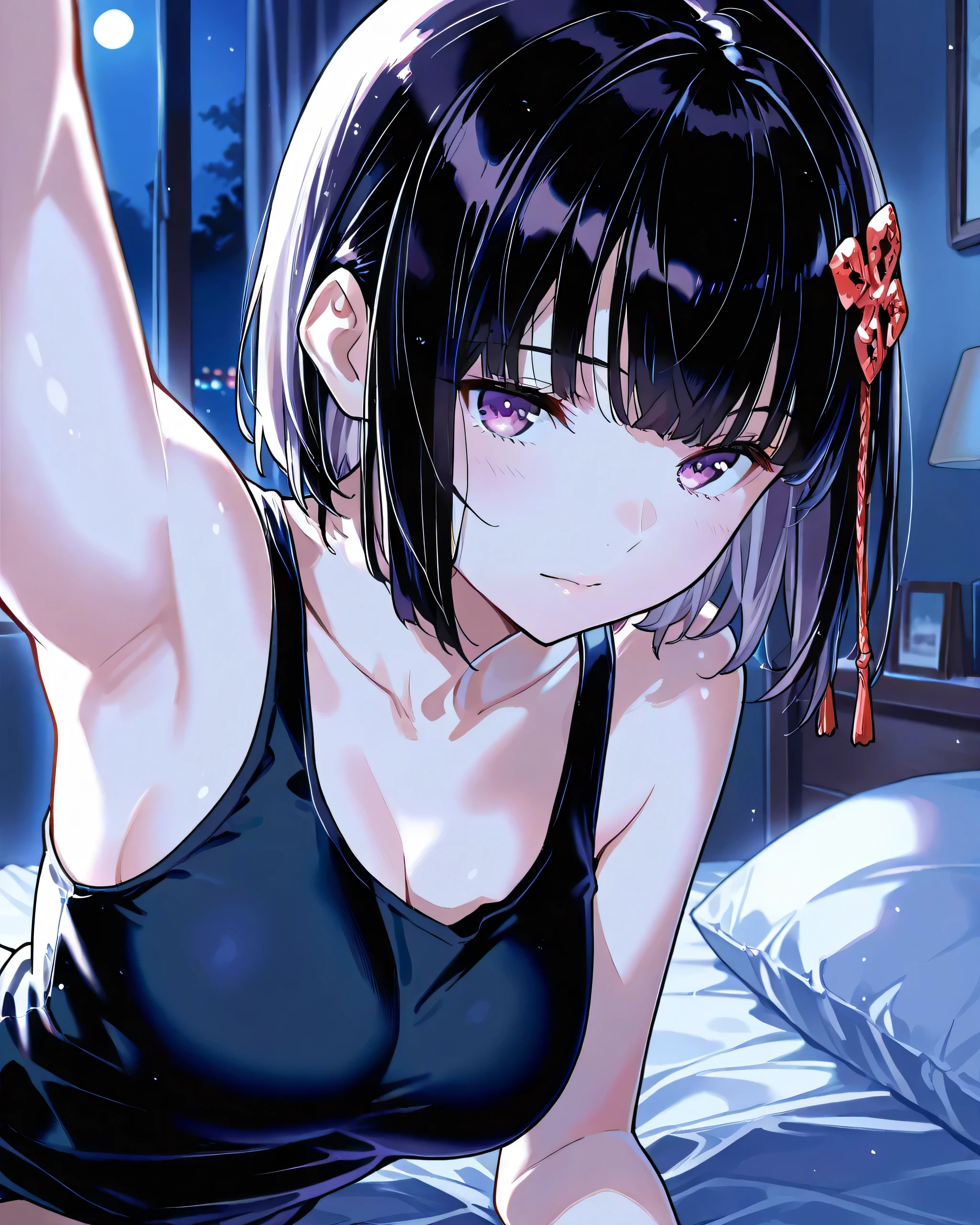 Lie on the bed, bedroom ,Night, dim light, score_9,score_8_up,score_7_up,best quality, 4k, rating_safe, very aesthetic, source_anime,1girl, yamashiro ren,purple eyes,black hair,hair ornaments, short hair, black tank top, armpit