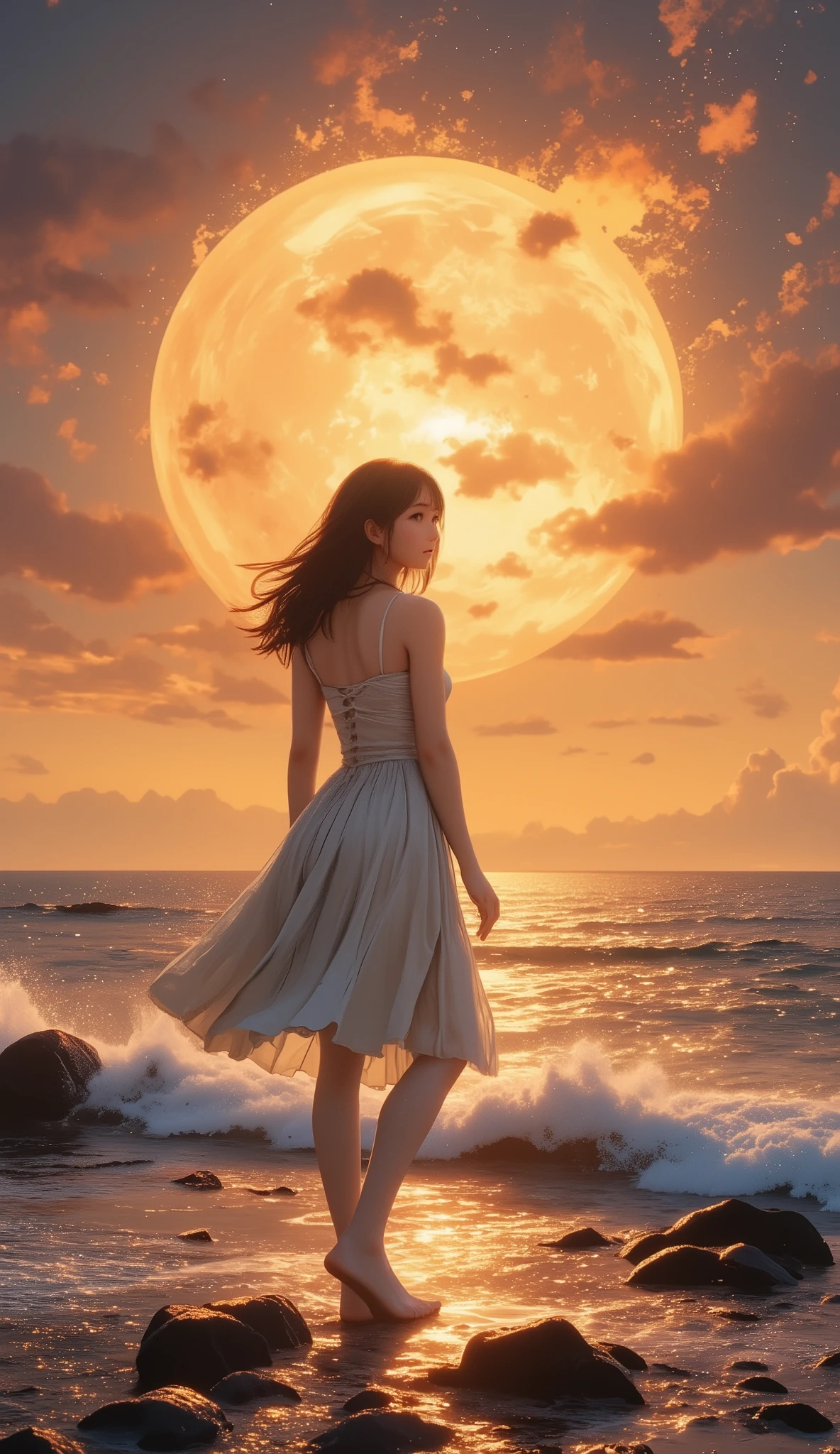 1 girl standing on the surface of the sun. I'm watching a huge solar tornado. focuses on solar tornadoes . a close-up of a solar tornado . polar vortex . on the ground , there is a solar flare , Solar Picures , Prominence of the Sun , solar plage ,solar corona, dark filaments , dark filaments , Stratum , solar transition region .,