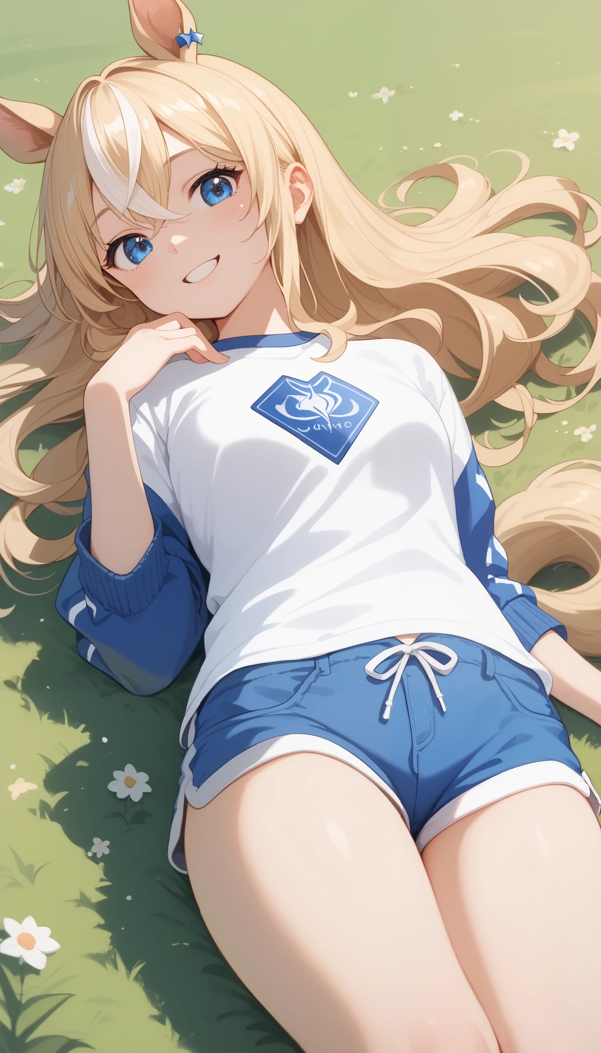 horse tail, long hair, streaked hair, blonde hair, white hair, hair between eyes, animal ears, ear ornament, blue eyes,1 girl, Alone, anime style,cute girl,Best Quality, super detailed, anime style,8k, high resolution, Detailed Images,(( on the lawn )),(lying down),looking here,(are smiling at the flag),Smooth Thighs,((Thigh character up image)),Lunch,((White Shirt)),((blue mini loungewear shorts)), image viewed from the side,upper body image above thigh,Top Quality