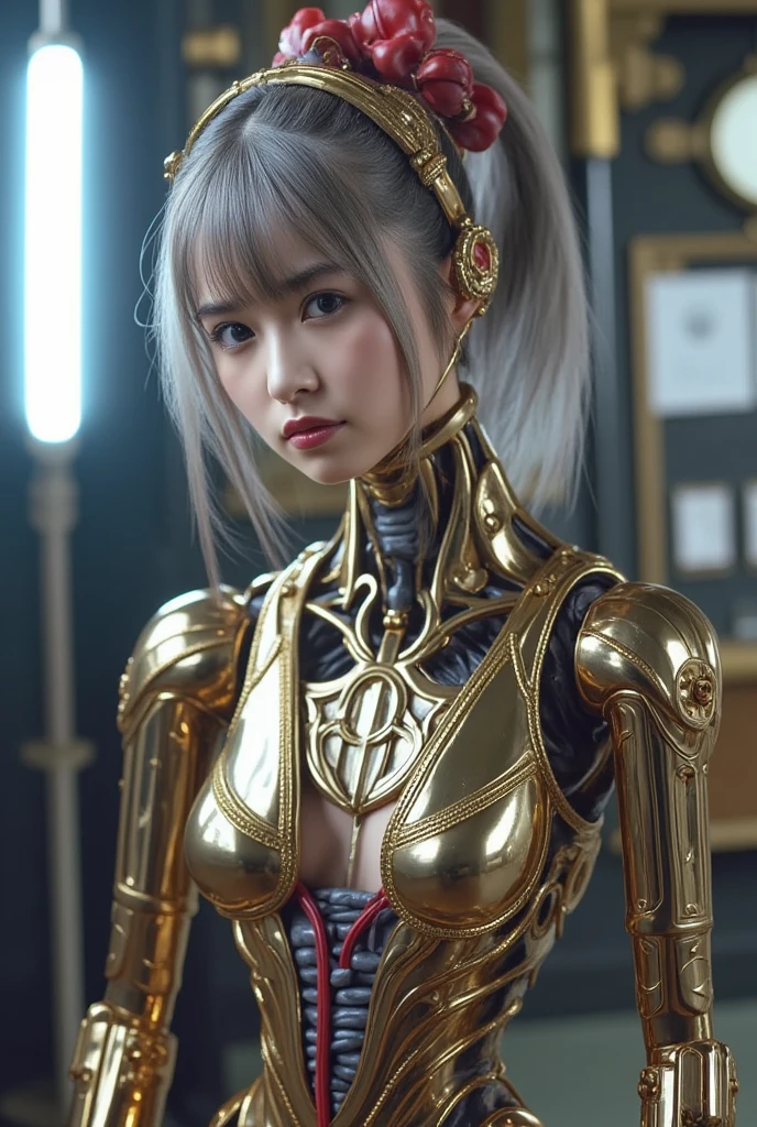 cyborg, android, robot, wiring, switch, control panel, girl, cute, sexy, strong, slender, bikini, high leg, silver, platinum, gold, bronze, red, blue, green, glass