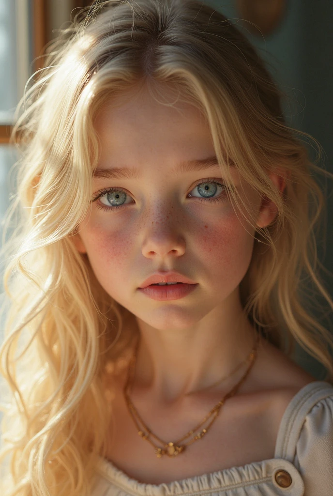 A victorian portrait of 13-year-old age girl with blond wavy hair and blue eyes wearing a blue nightgown from the 1890's. Only her face