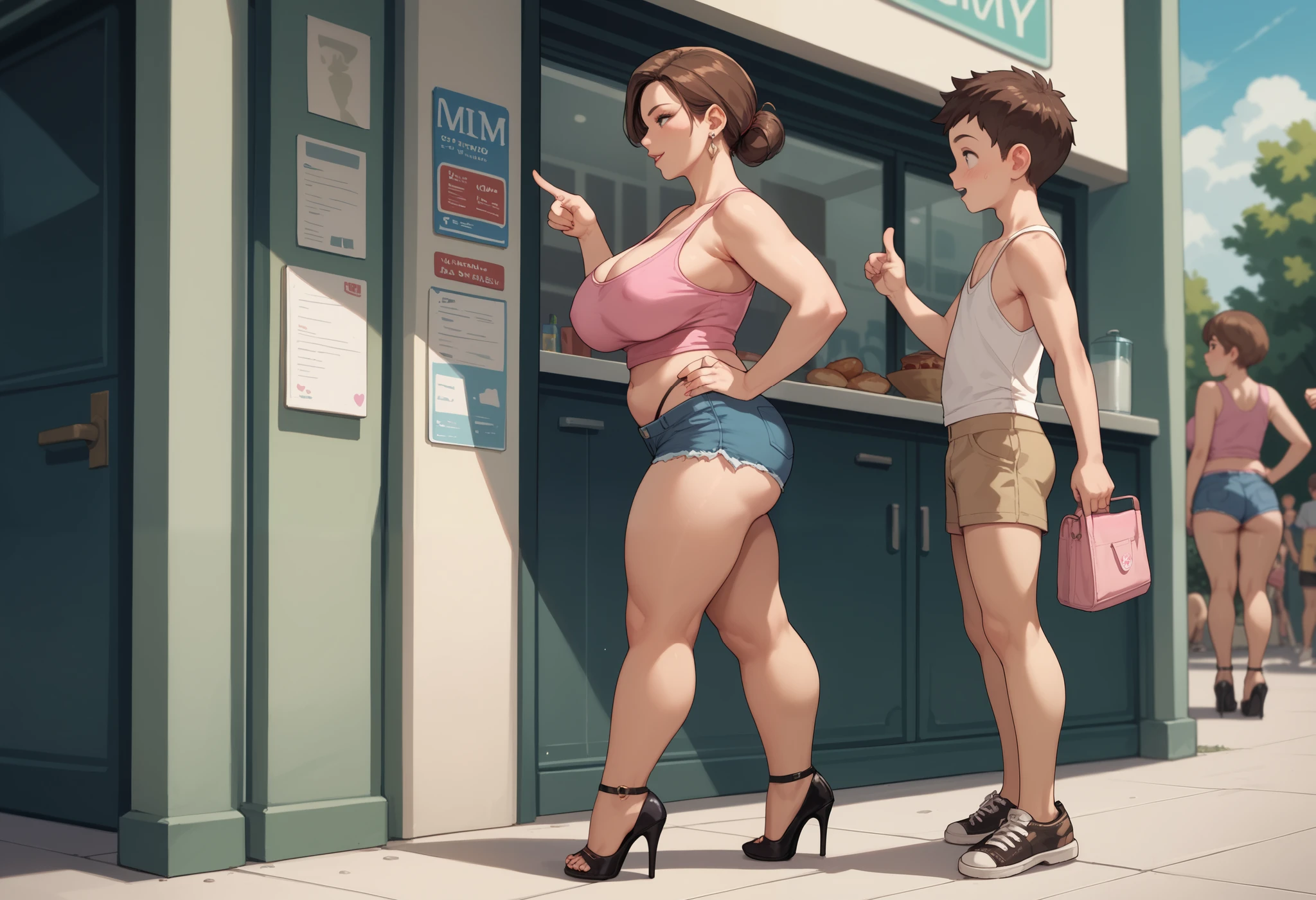 in public square, side view, milf, hot woman, brown hair, the woman is wearing a pink tank top, black high heels and a thong shorts, she is standing, she is pointing and looking to the side, next to her is a boy, the boy has brown hair, shota, shotacon,
