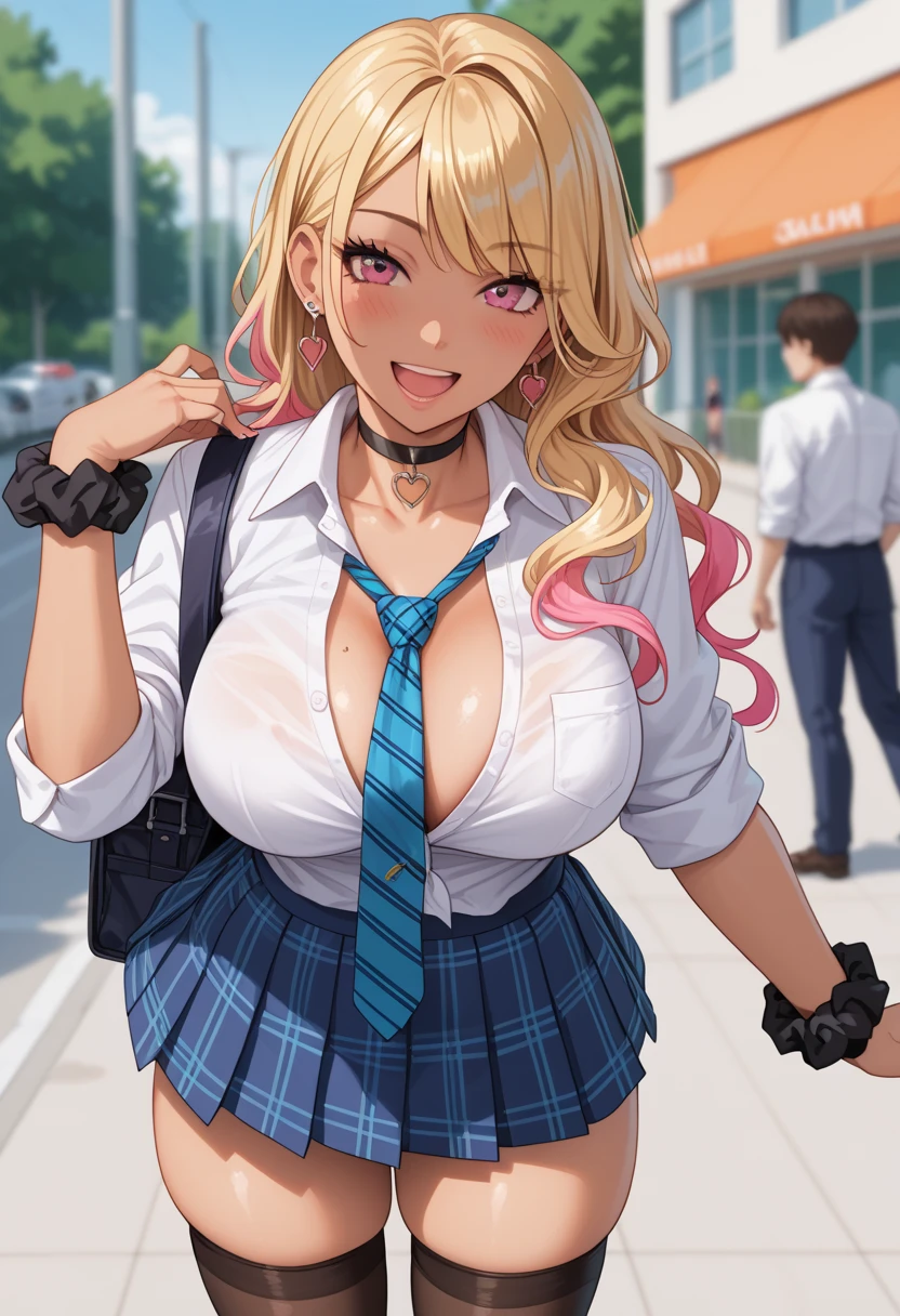 highest quality, solo milf, huge breasts, huge ass, very tortuous, Long blonde hair with pigtails, Lavender colored eyes, lip whole, fascinating, smile, school uniform, Exposed Schools Top, Short school skirt, Lavender thigh height, Llanbender Eyeshadow, lipstick, compensate, thick thighs, curvaceous physique