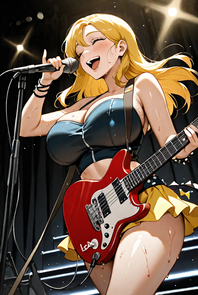 (highest quality:1.2, Very detailed, up to date, Vibrant, Ultra-high resolution, High Contrast, masterpiece:1.2, highest quality, Best aesthetics), Portraiture、girl、singer、stage、performance、Rock Music、Bright colors、Beautiful fine details、Beautiful lip detail、long hair、ponytail, white and yellow green ((streaked hair:1.6)), highlights hair: 1.5, middium breast, (tan skin:1.1), Music band、Cheerful pose、Concert Light、Edgy Style、((black Skirt-style-bikini:1))、loose fit, Dynamic Movement、hypnotic sounds、Stadium、amplifier、Loud music、Electric guiter、(Fender stratcaster:1), (mike stand:1), Powerful vocals、Passionate performance、Sparkling stage、Concert atmosphere、Music Festival、Full of emotion、Rock star attitude、Resolute expression、Avid Fan、The presence of an attractive stage、 Expressive gestures、Rock star aura、An exciting atmosphere、Sing with all your heart、An unforgettable show。