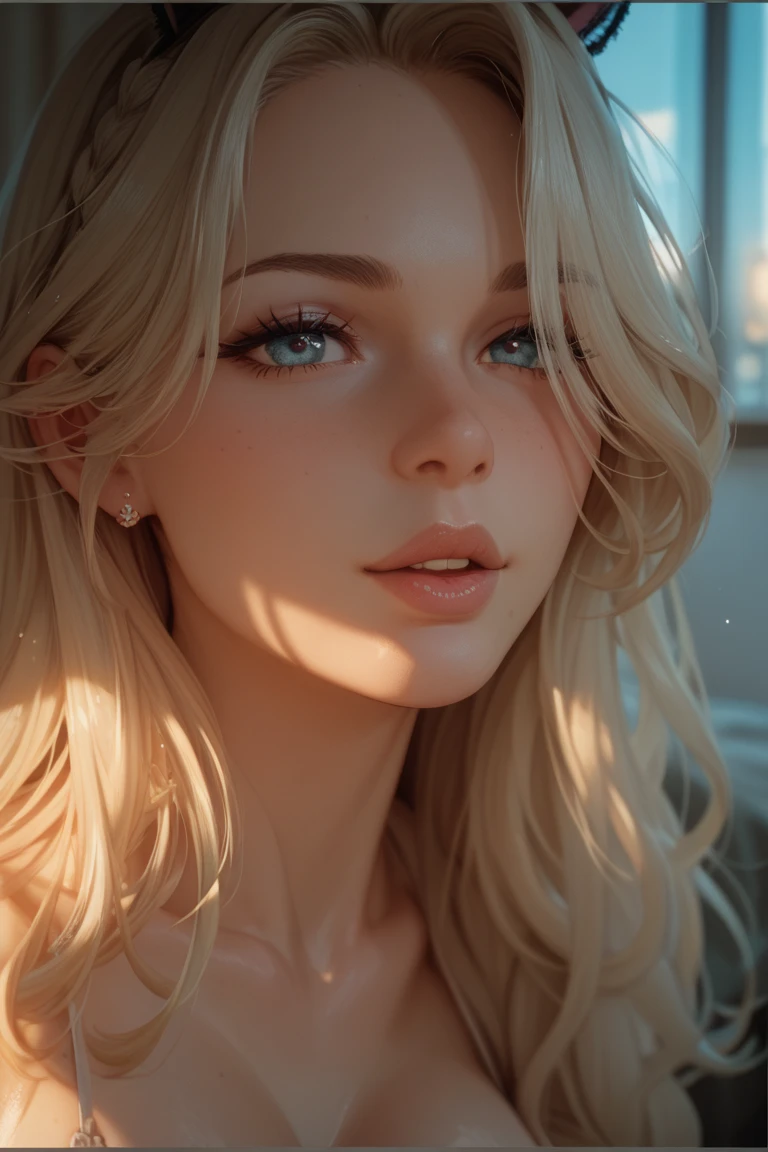 (dynamic lighting), (realism), (UHD), (32k), (Mastepiece), (highres, high resolution), (Advanced facial details), (natural skin:1.3), (DSLR), (soft lighting), (high quality), (finely detailed face), (top quality), (Best Quality), (platinum blond hair:1.5), (photorealistic:1.4) , (hyperrealistic:1.4), (smoother sunset lighting:1.05), (Centered), (increase Fujicolor quality:0.9), (((big round bursting breasts:1.5))), (((alena aenami))), ((realistic close up portrait:1.5)), stunning beautiful woman, detailed facial features, piercing blue eyes, full red lips, long wavy hair, elegant dress, serene expression, soft lighting, photorealistic, high quality, detailed, dramatic, cinematic.