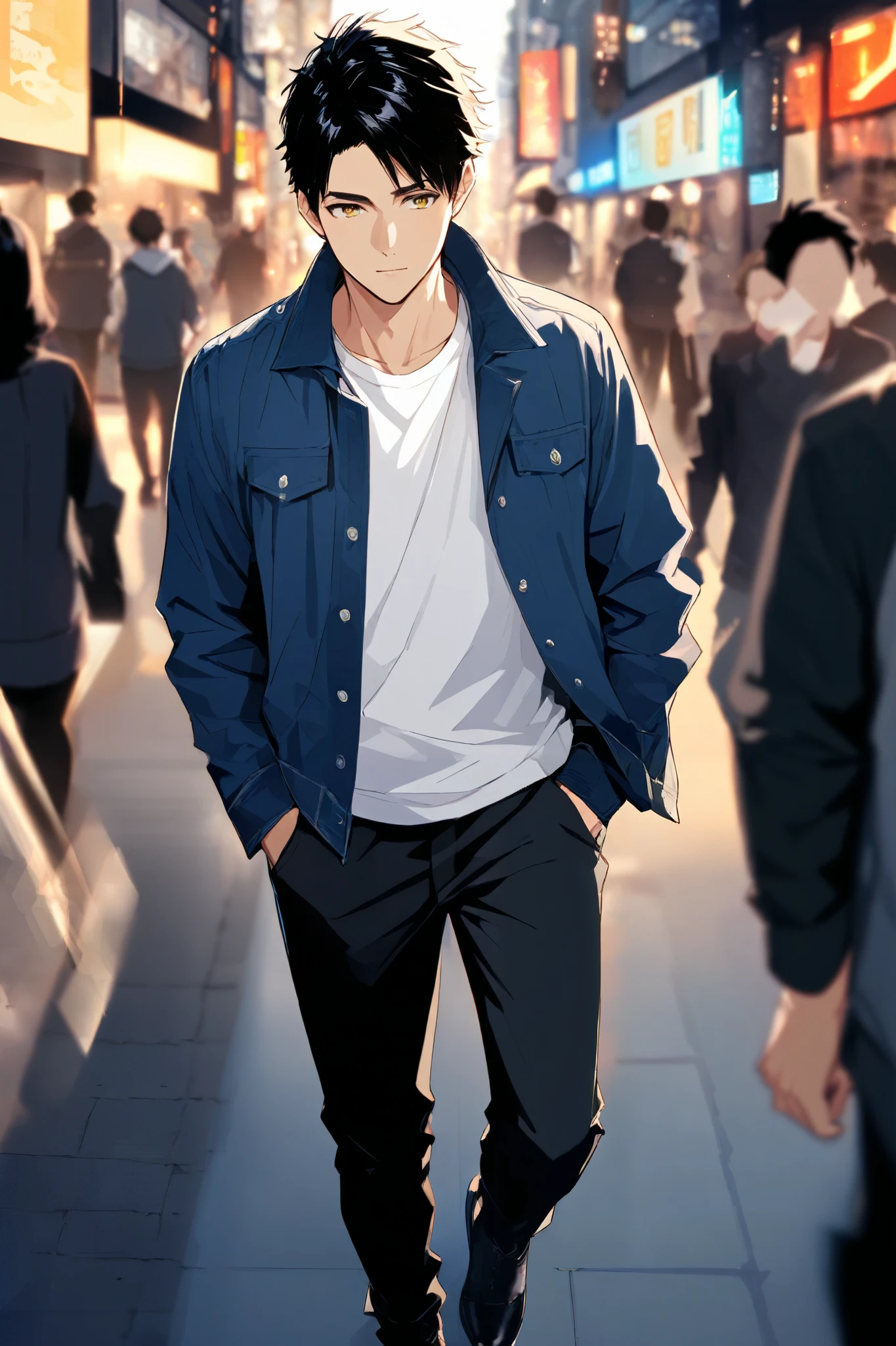 1 male, handsome male, young adult man "Asuka", short black hair, golden eyes, blue jeans jacket, white t-shirts, black pants, character's right hand in pocket, walking, on the street, background blur (gaussian blur (1:60)), busy streets, front view,