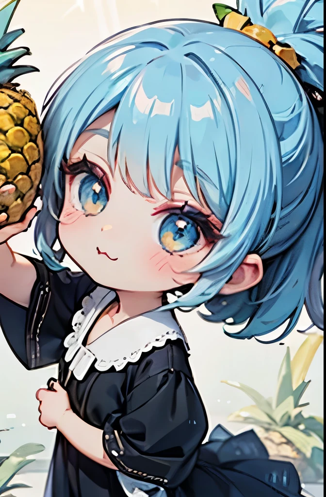 (Chibi Characters、新鮮な pineapple 、 pineapple の模様、美しい pineapple :1.3)、Best angle、Maximum Impact、Maxism、bright contrast、high resolution、super detail、absurd、accurate focus、(Chibi Body、Light Blue Hair Color、Short chignon hair、Xiaoyang、 sharp face、almond-shaped eyes、highly detailed eyes、golden eyes、:3、stupid hair:1.4)、Carefully drawn fingers先、Human hand、Carefully drawn fingers、Shiny Skin、thin、thin太もも、head from the side、thin脚、(Glamorous Gothic Dress:1.5)、Amazing Scenes、Gallery worthy、very small breasts、forward leaning posture、 pineapple 、Indirect Illumination、playful little sister、Eye catching 、selfie style