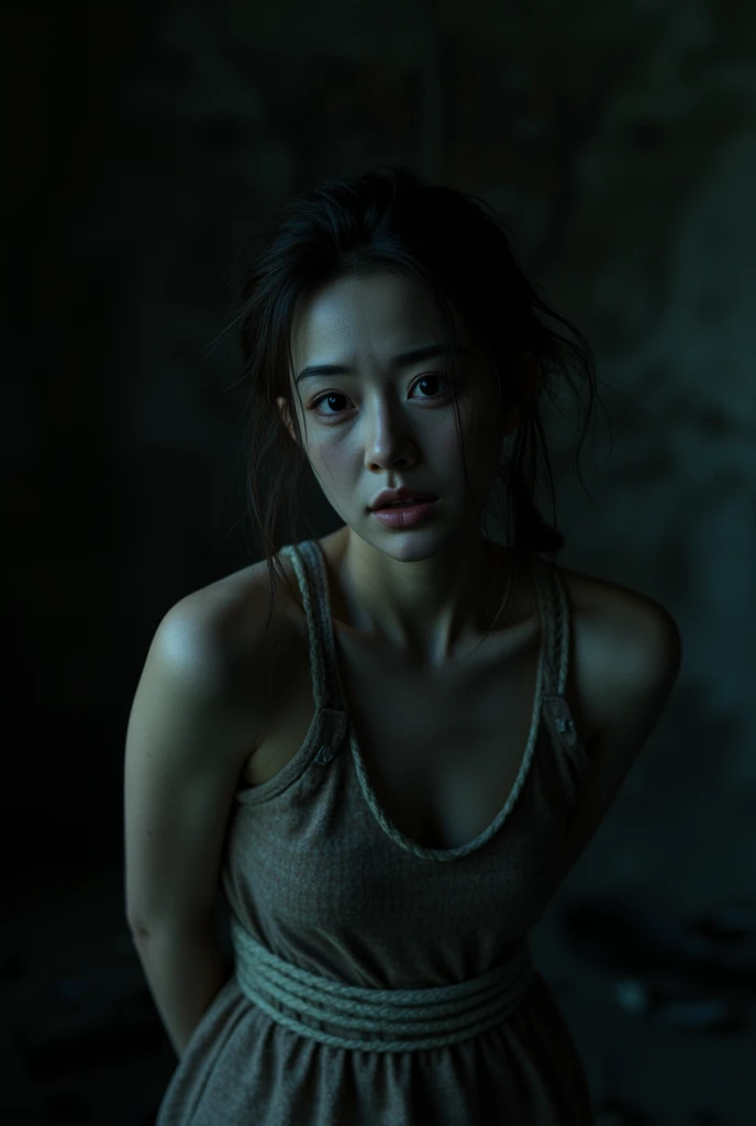 detailed highly realistic portrait of a pale-skinned Asian woman being tortured in an asylum room, dramatic lighting, dark tones, gritty and visceral, extreme realism, traumatized expression, disheveled hair, torn clothing, bruises and injuries, cinematic composition, chiaroscuro lighting, muted color palette, dramatic shadows, high contrast, award winning digital art, cinematic lighting, hyper detailed, intricate details, realistic skin texture, realistic facial features, 4k resolution, photorealistic, masterpiece