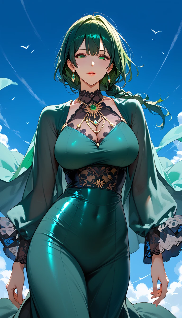 One Punch Man,Tatsumaki the Terrified,Emerald green eyes,Emerald green hair,Photorealistic,Ultra HD,high quality,masterpiece,Digital SLR,Detailed details,Intricate details,Anatomical basis,Depicted in detail,A detailed face,Realistic skin texture,Vivid details,Perfect Anatomy,Perfect Anatomy,Anatomically correct hand,Anatomically correct fingers,Super Detail,Complex 3D rendering,,Sexy pose,Emerald green sequin dress studded with gold,Blue Fur Coat,Put it in a nice photo frame and display it,artistic handicrafts,Cute cat ears,emerald green nails,Beautiful Christmas,New York night view,Night view from the luxury suite,The luxurious interior,A room with beautiful neon colors,chandelier,Mysterious snow scene,It's snowing,,Picturesque,Photograph the whole body,9 heads,Pink Lips,Gorgeous necklace,Highlight your beautiful whole body,Beautiful nails,Black bondage,High leg T-back,A sloppy smile,