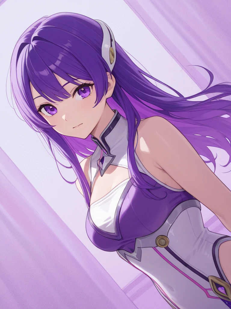 A young girl in her twenties, with lavender colored hair and eyes. She is in a field full of short grass and the wind is blowing her mid high cosmic colored dress
