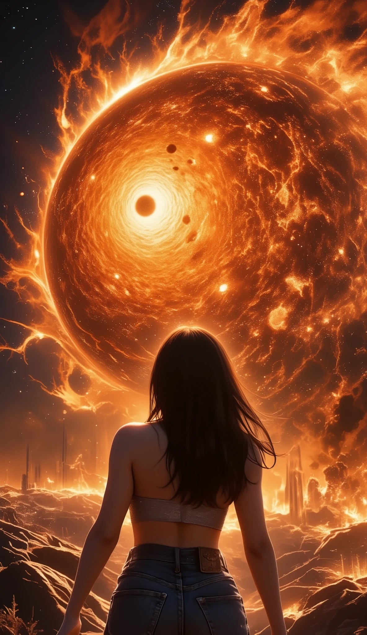 1 busty girl standing on the surface of the sun. watching a huge solar tornado. focuses on solar tornadoes . a close-up of a solar tornado . polar vortex . on the ground , there is a solar flare , Solar Picures , Prominence of the Sun , solar plage ,solar corona, dark filaments , dark filaments , Stratum , solar transition region .,