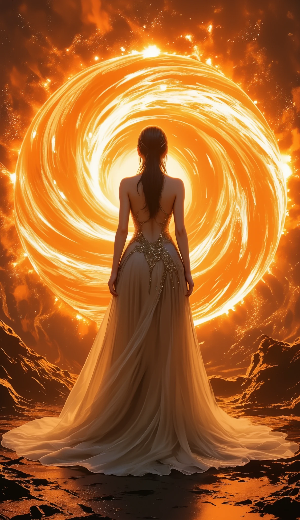 1 busty girl standing on the surface of the sun. watching a huge solar tornado. focuses on solar tornadoes . a close-up of a solar tornado . polar vortex . on the ground , there is a solar flare , Solar Picures , Prominence of the Sun , solar plage ,solar corona, dark filaments , dark filaments , Stratum , solar transition region .,
