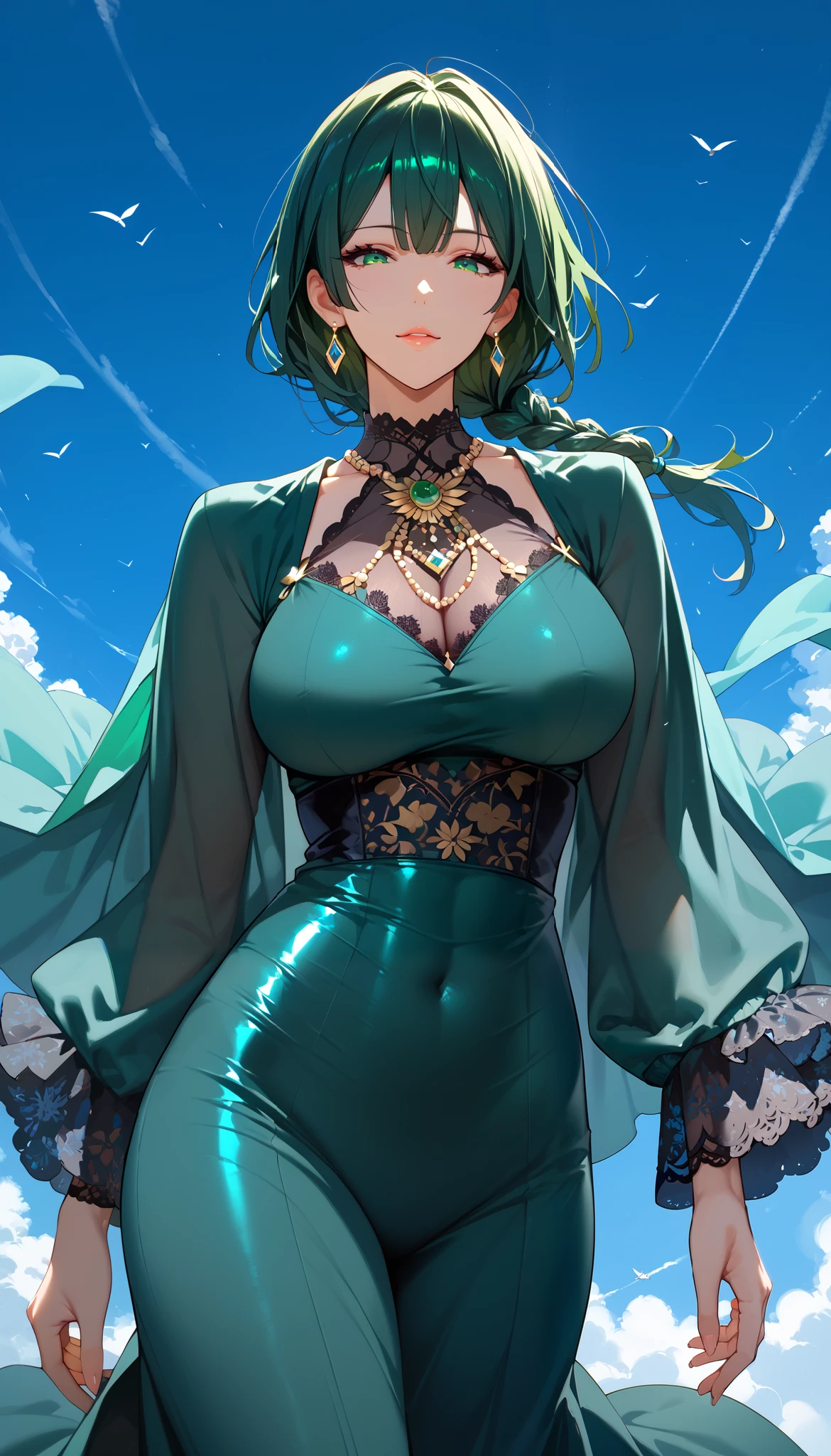 Score_9, Score_8_up, Score_7_up, Source_anime, anime art, anime style, very aesthetic, masterpiece, high quality, cool character, mature woman, milf, curvaceous, , looking at you ,fubuki,  green outfit tight, green, and black lace dress with long sleeves